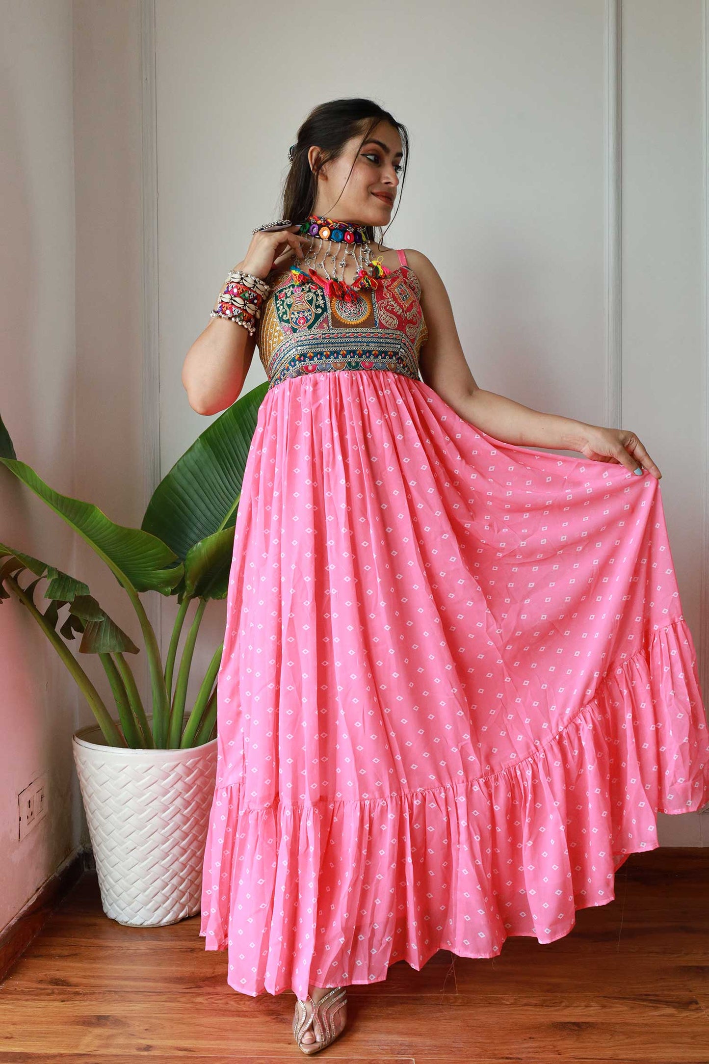 Pink Bandhni Maxi Dress