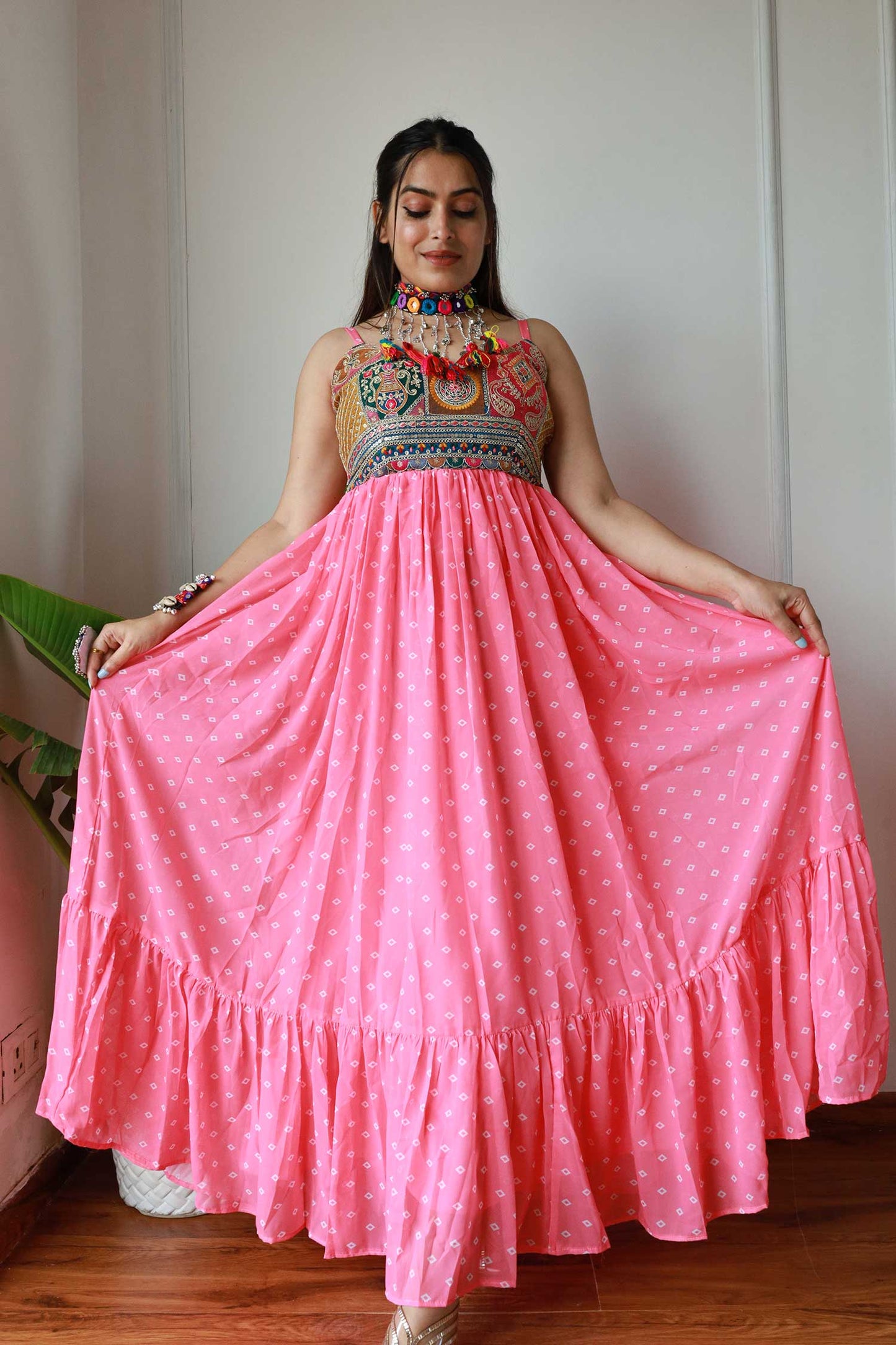 Pink Bandhni Maxi Dress