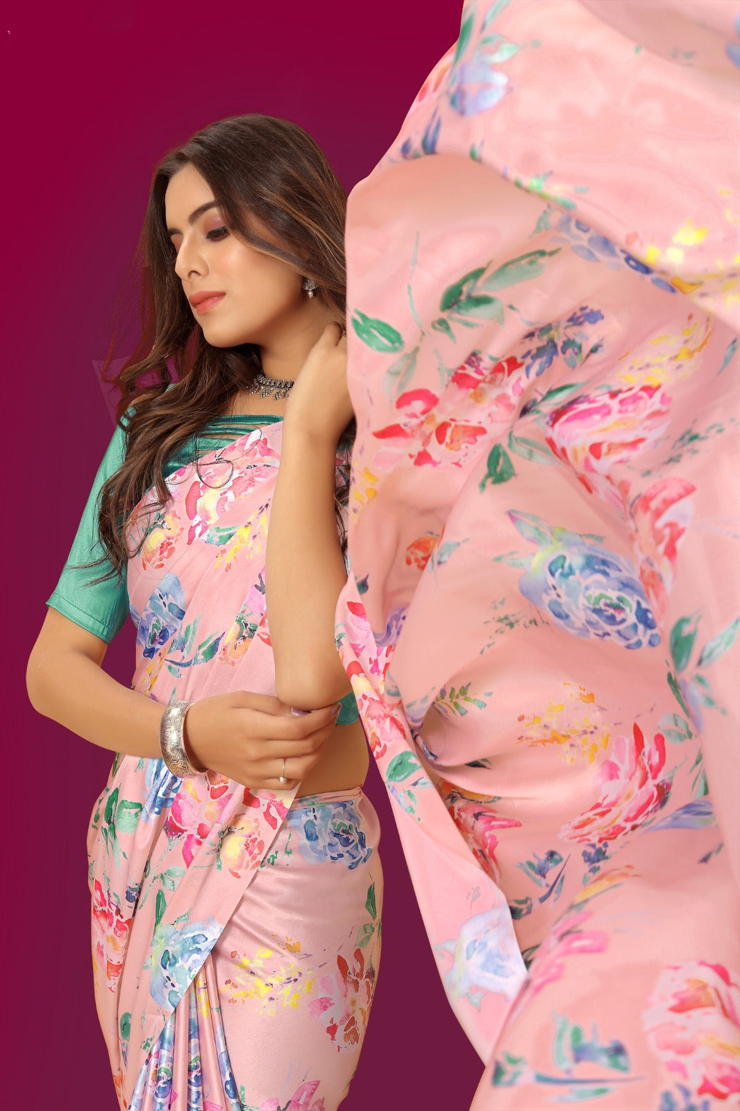 Floral printed Satin Saree