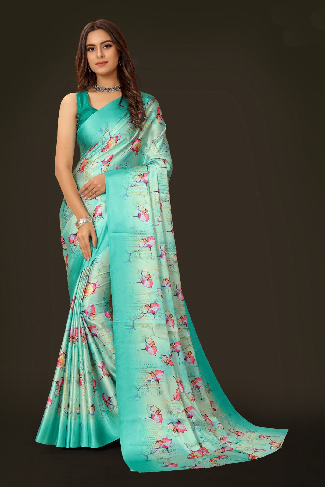 Multi Satin printed Saree
