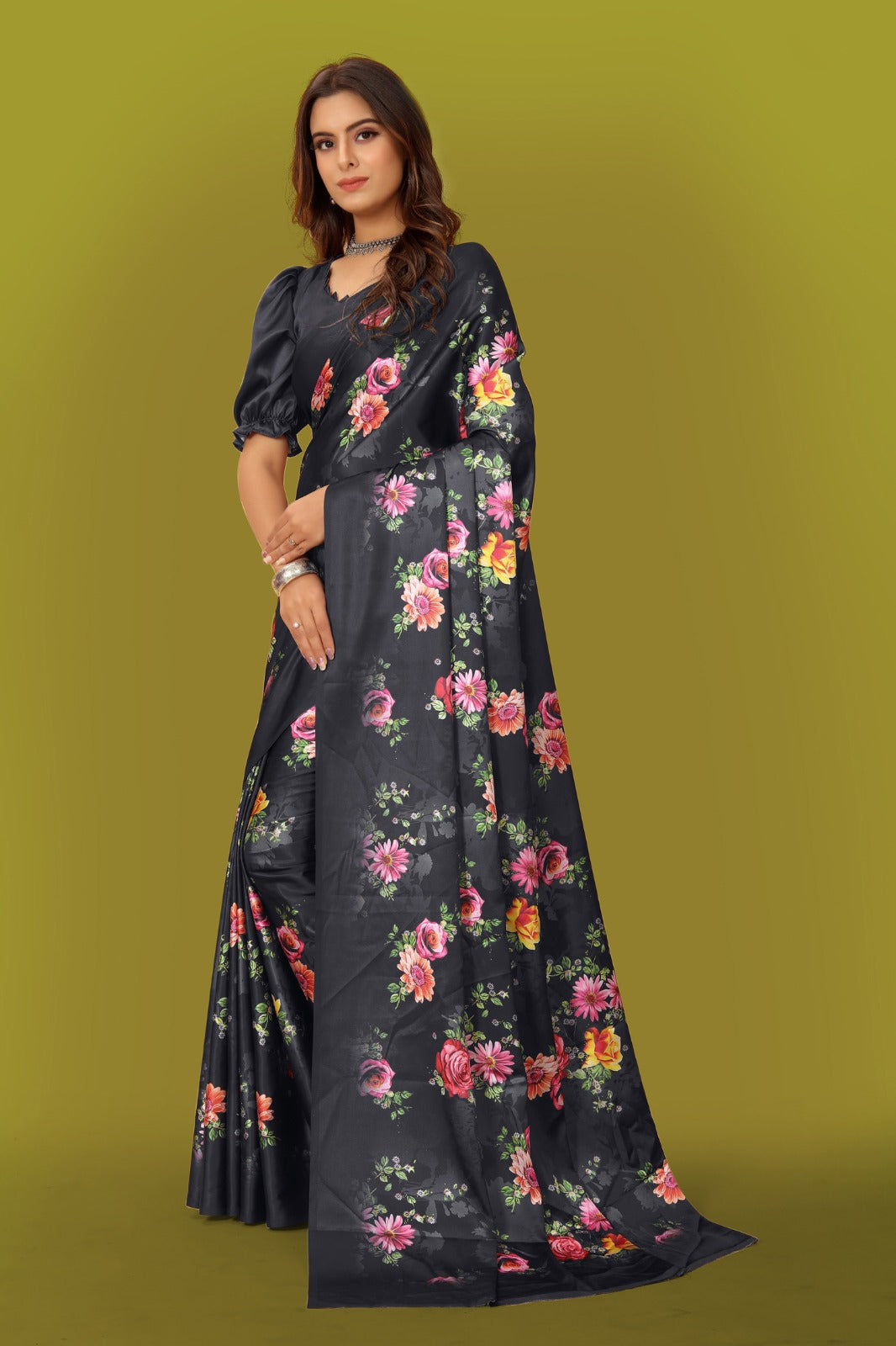 Black Floral Printed Satin Saree