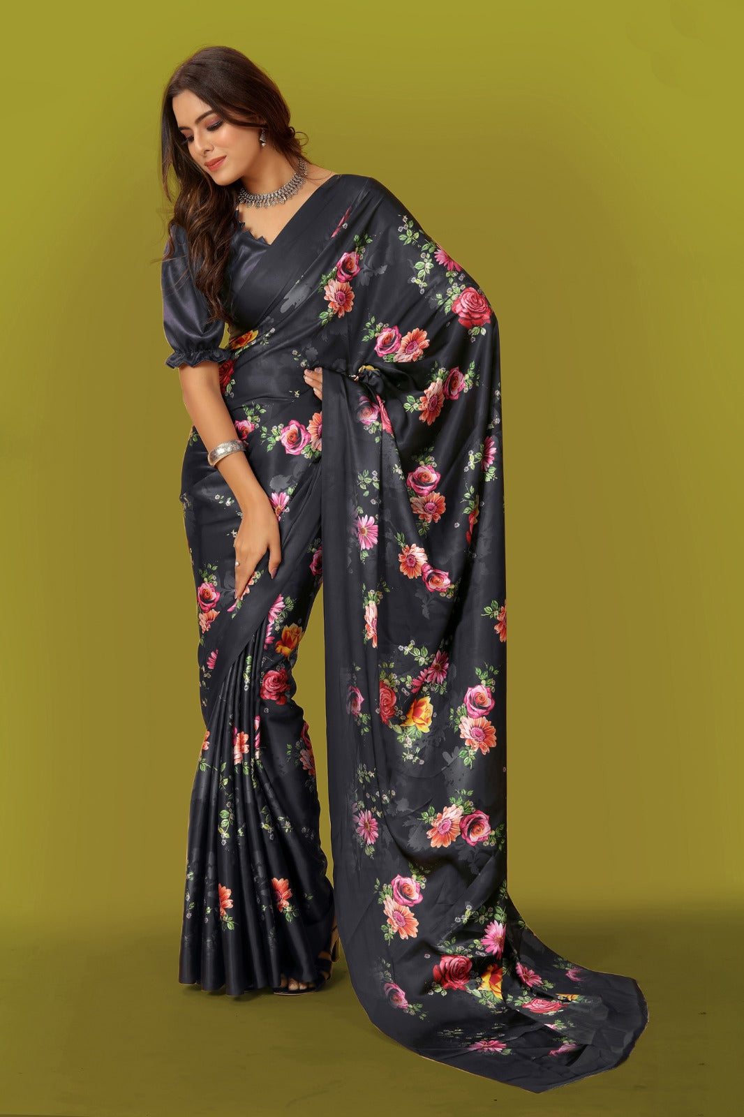 Black Floral Printed Satin Saree