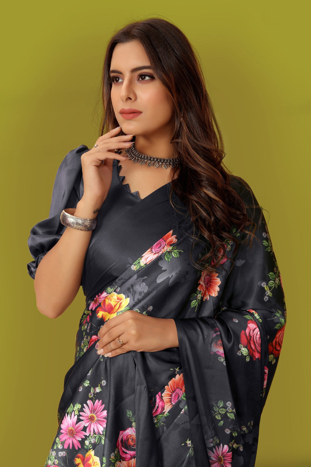 Black Floral Printed Satin Saree