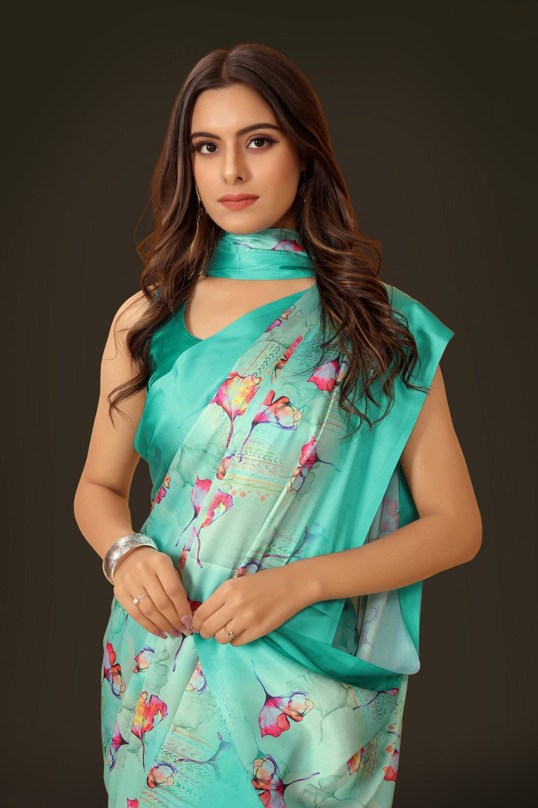 Multi Satin printed Saree