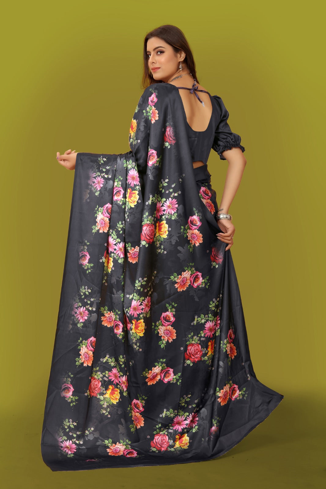 Black Floral Printed Satin Saree