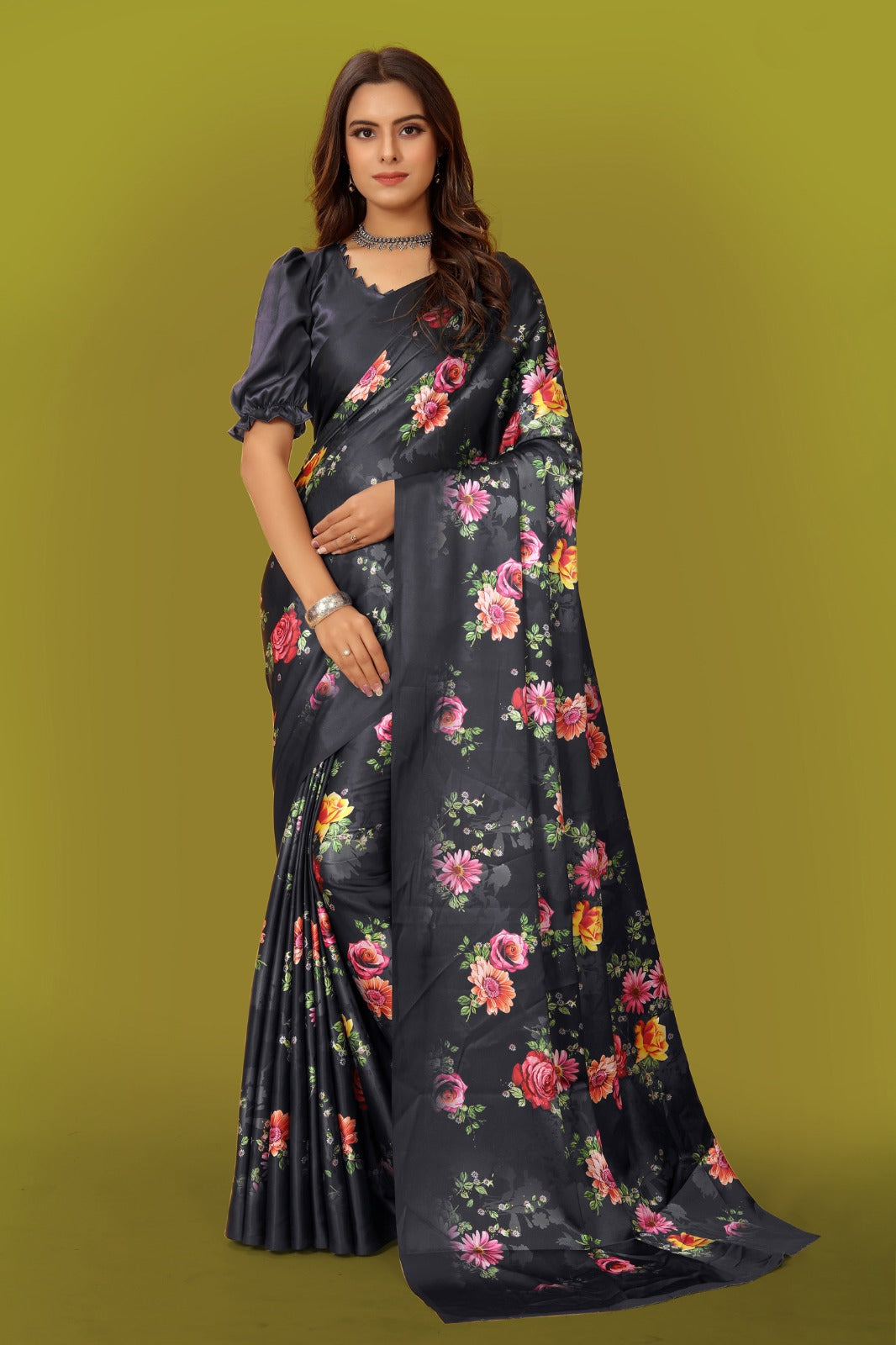 Black Floral Printed Satin Saree