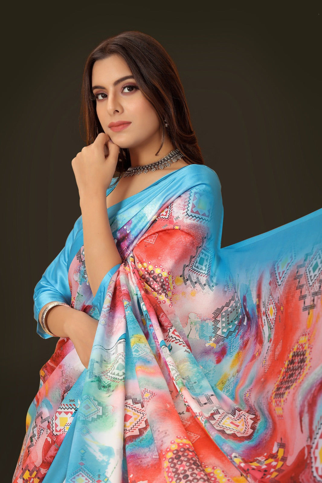 Multi Satin printed Saree