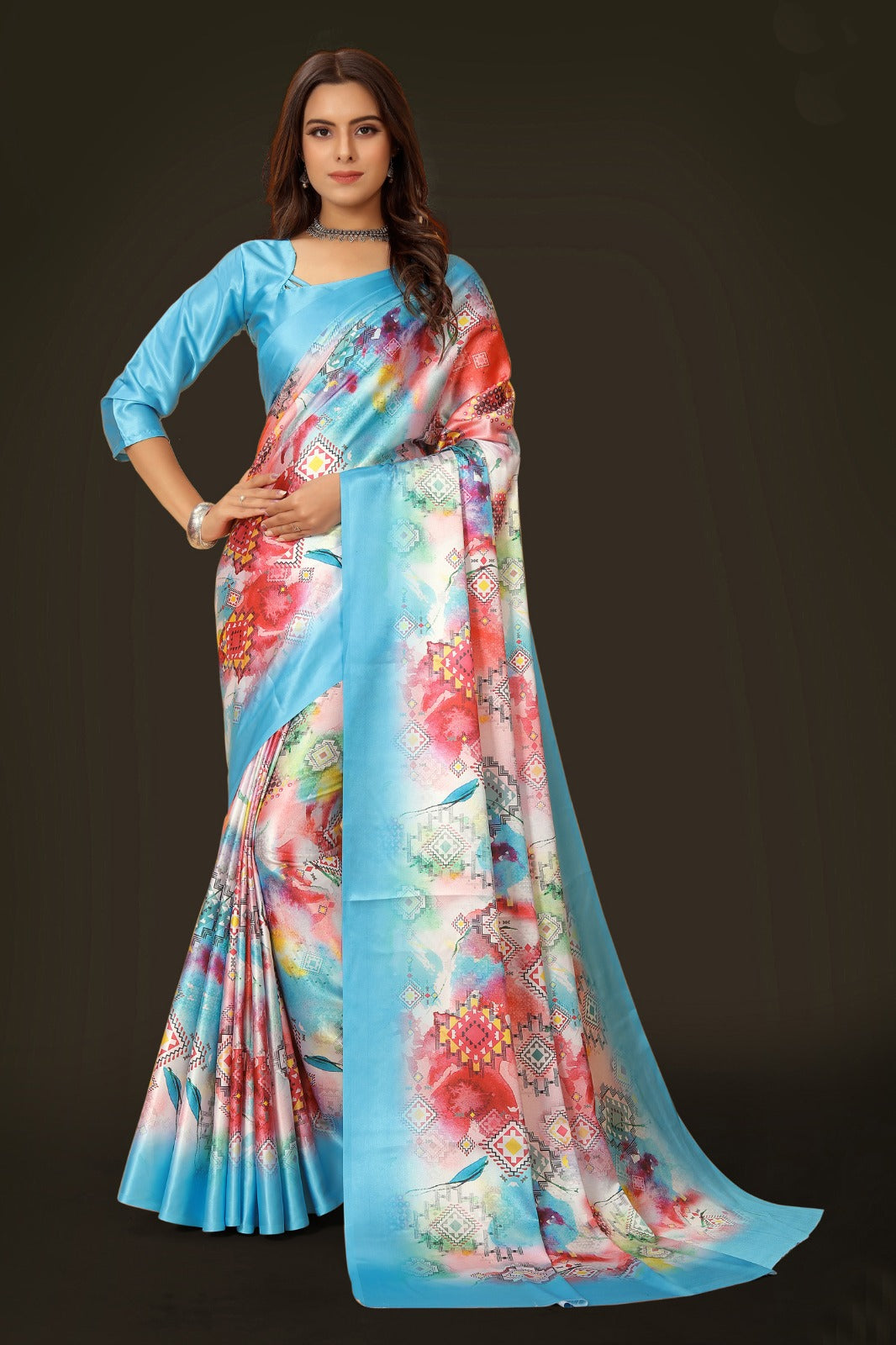 Multi Satin printed Saree