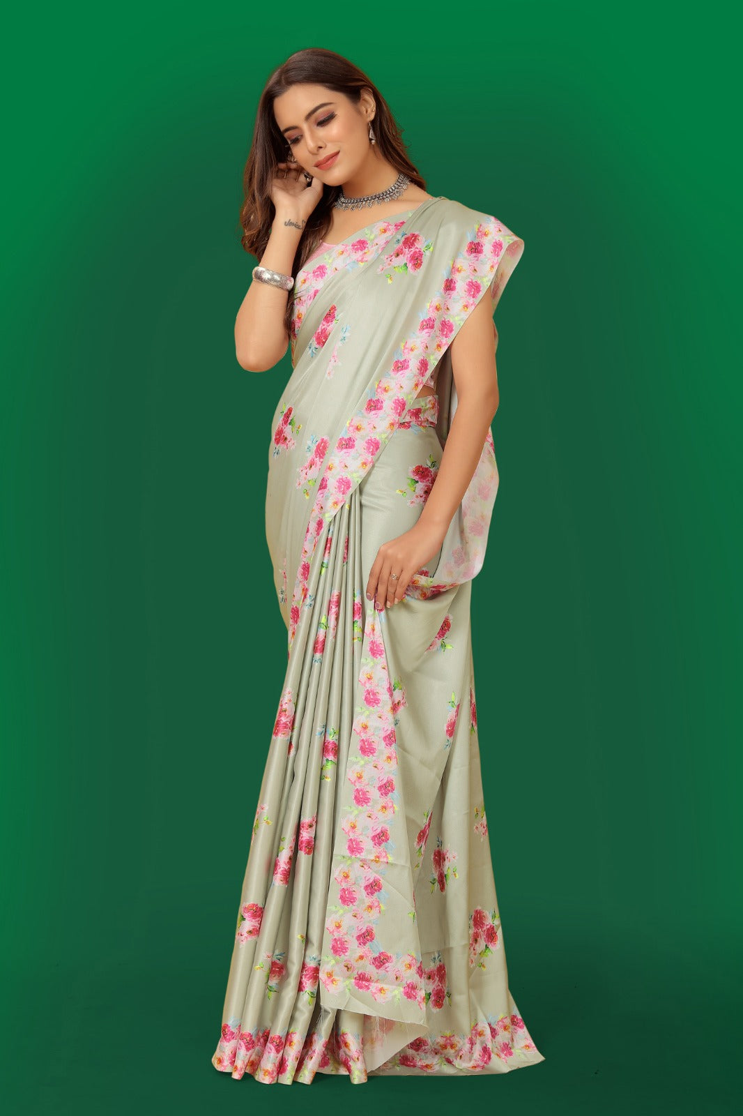 Multi colour Satin printed Saree