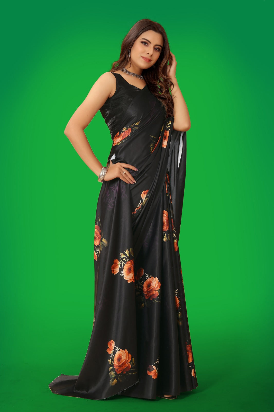 Black Satin Printed Saree