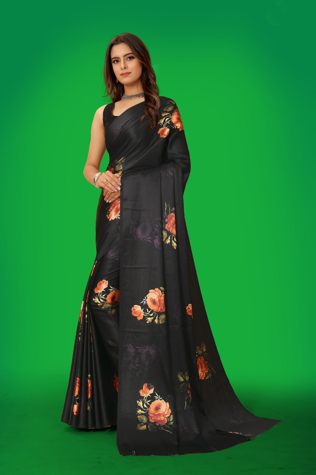 Black Satin Printed Saree