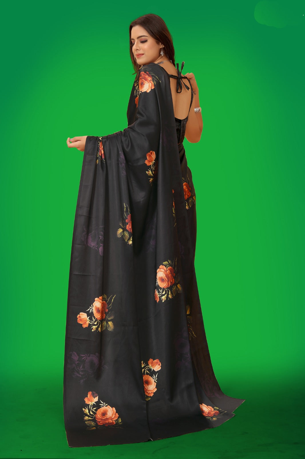 Black Satin Printed Saree