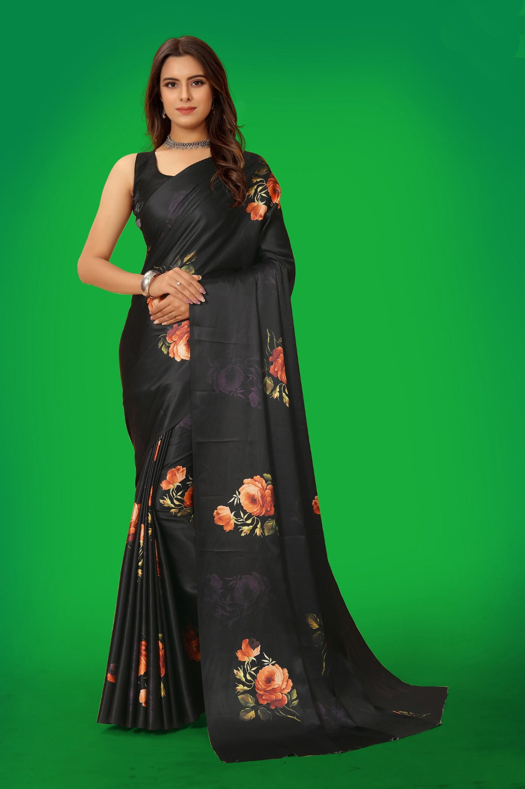 Black Satin Printed Saree