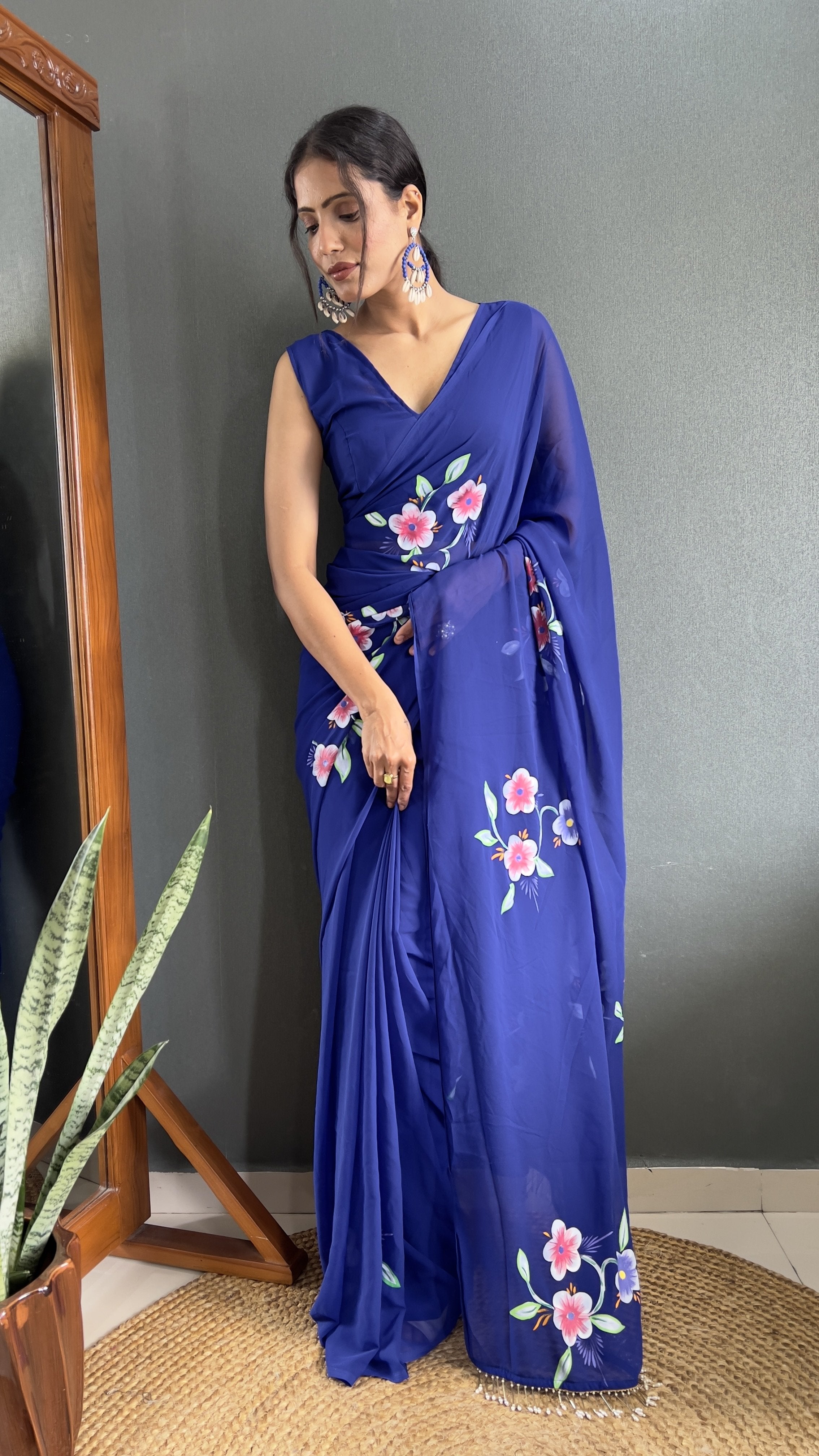 Hand-Painted Faux Georgette Ready-to-Wear Saree