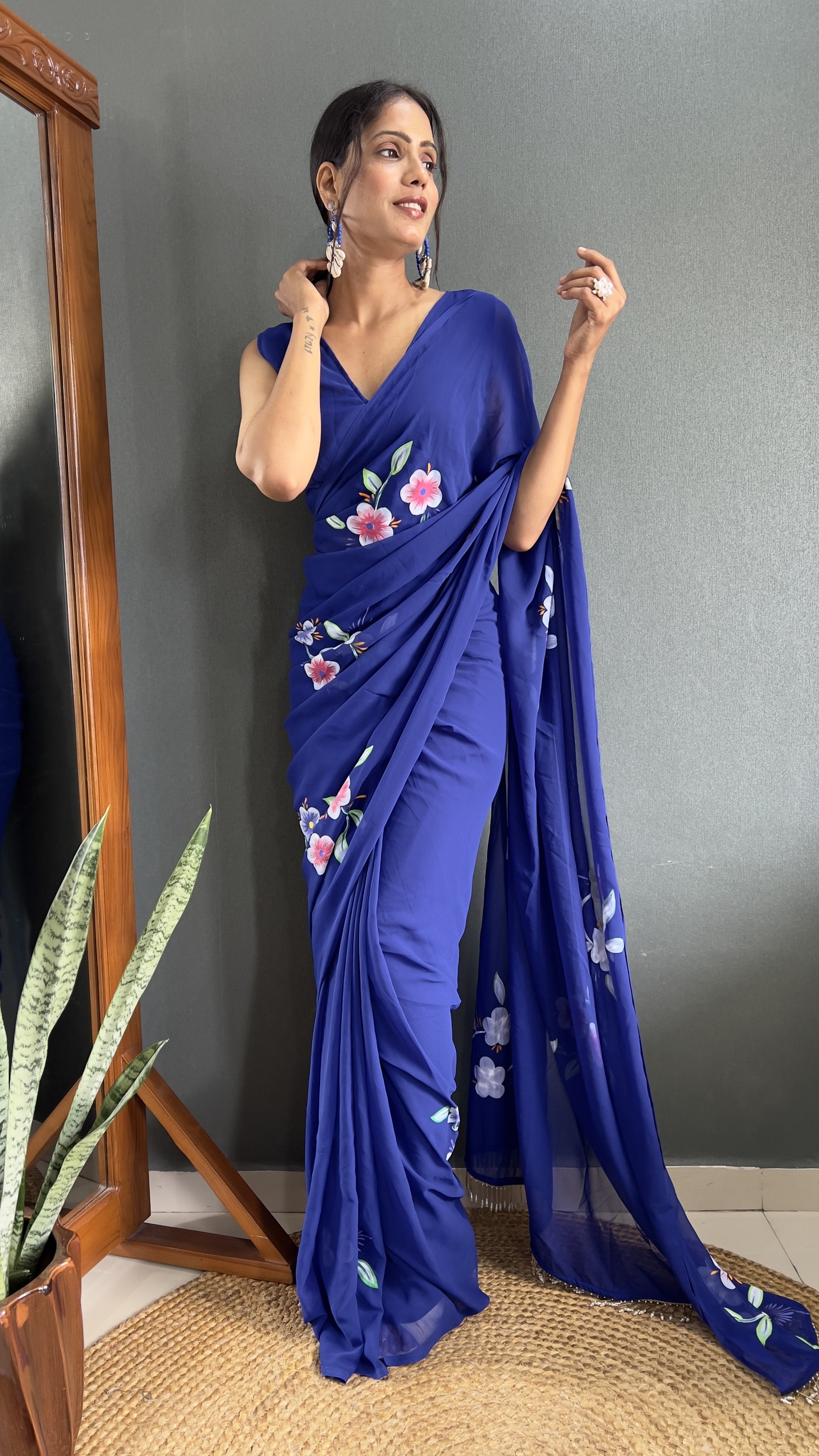 Hand-Painted Faux Georgette Ready-to-Wear Saree