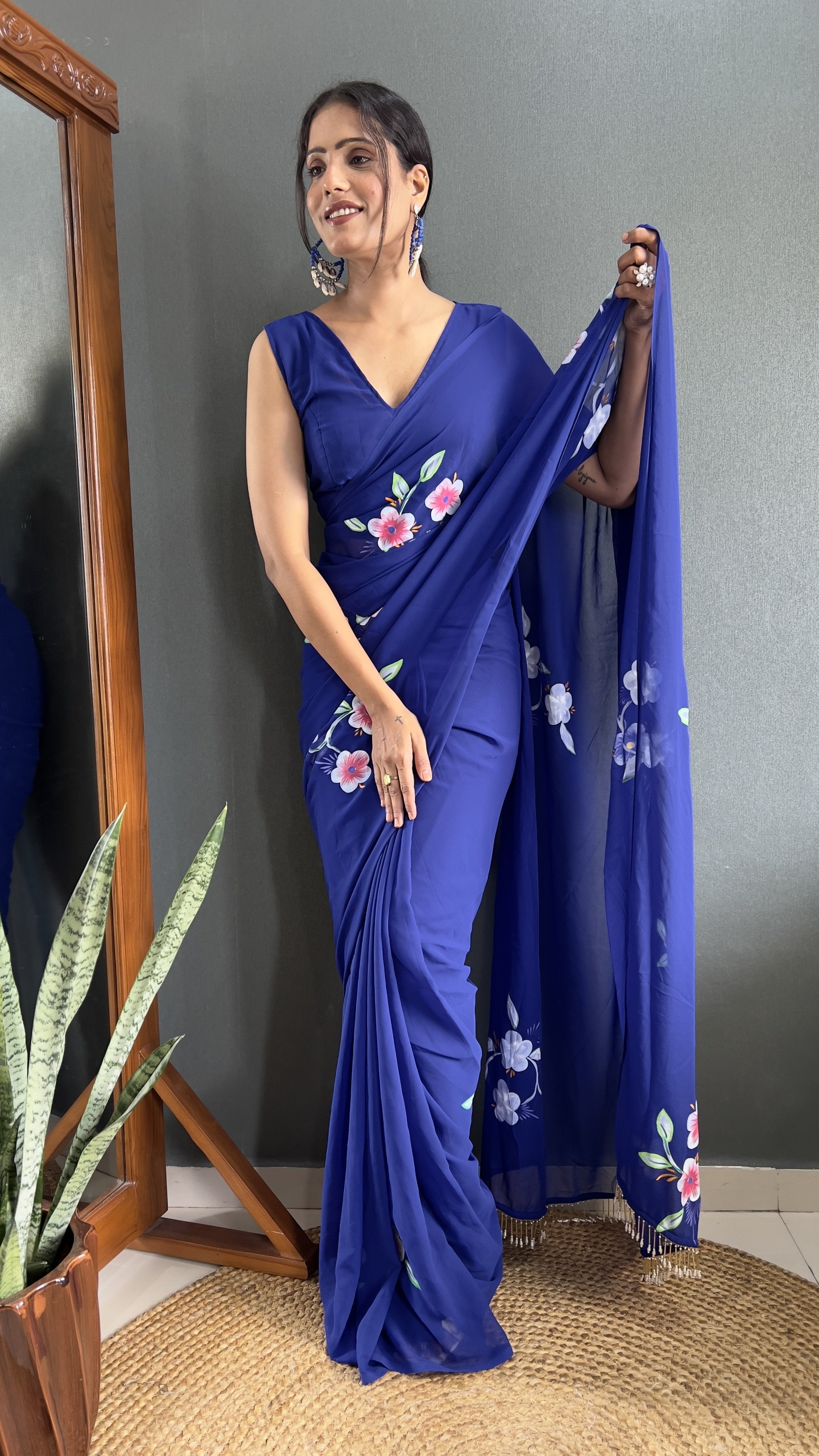 Hand-Painted Faux Georgette Ready-to-Wear Saree
