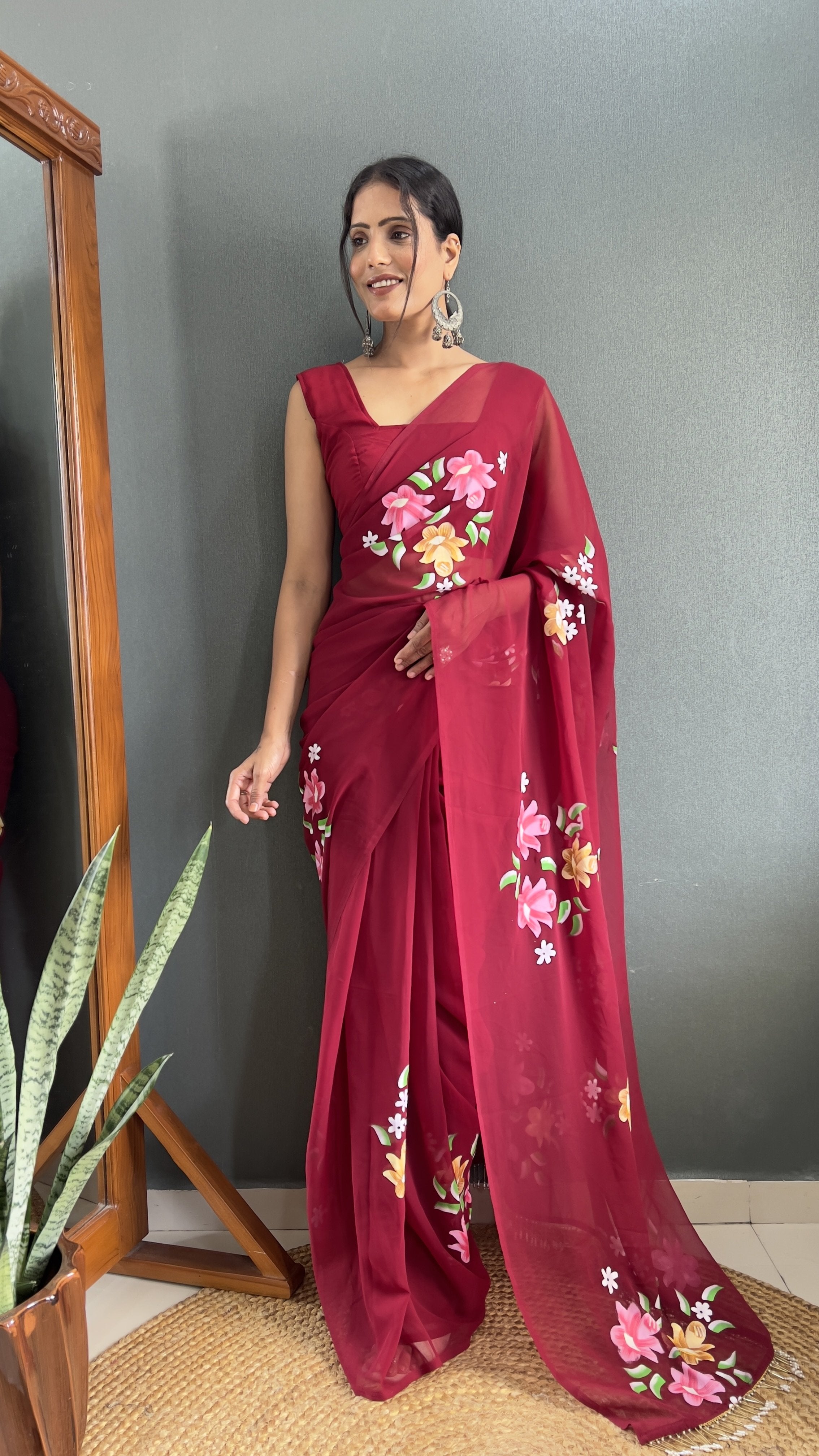 Hand-Painted Faux Georgette Ready-to-Wear Saree