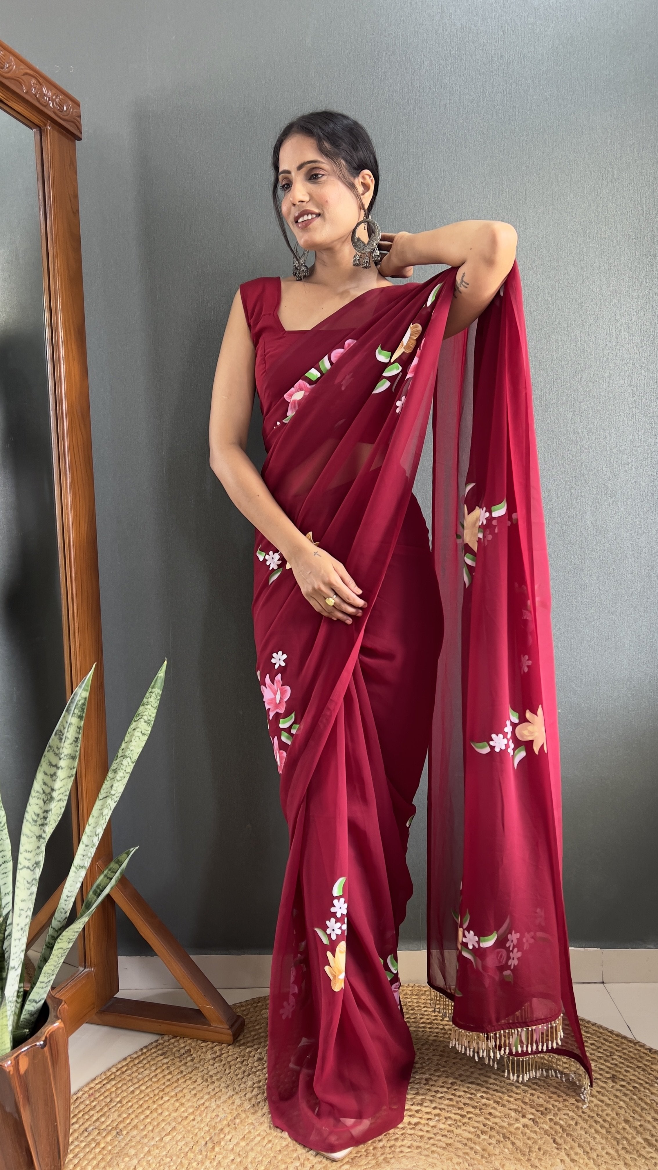 Hand-Painted Faux Georgette Ready-to-Wear Saree