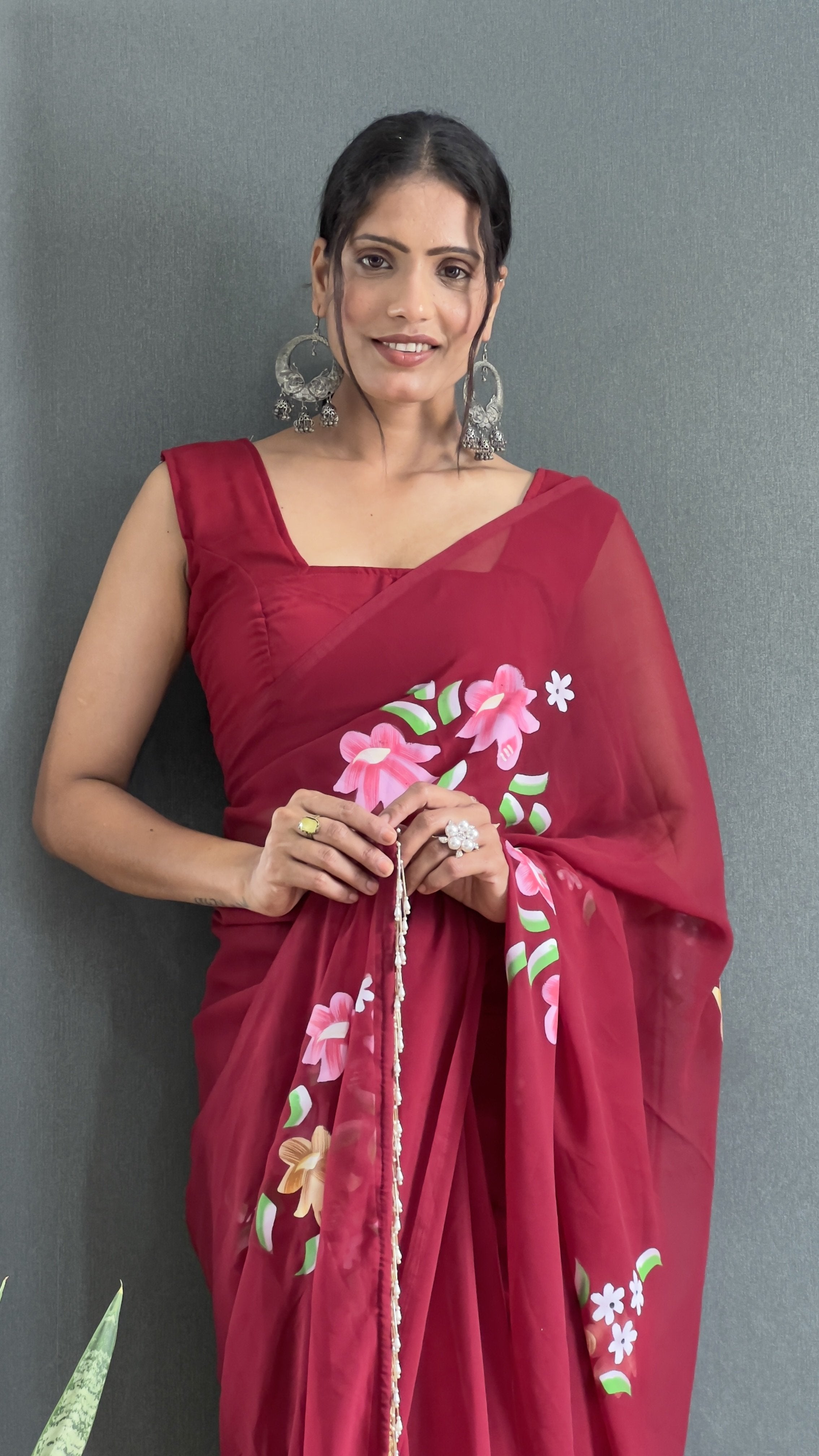 Hand-Painted Faux Georgette Ready-to-Wear Saree