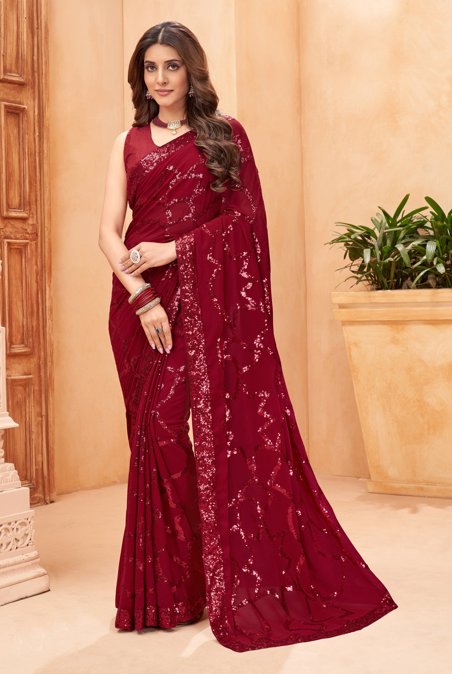 Radiant Maroon Faux Blooming Georgette Saree with Mulberry Silk Blouse