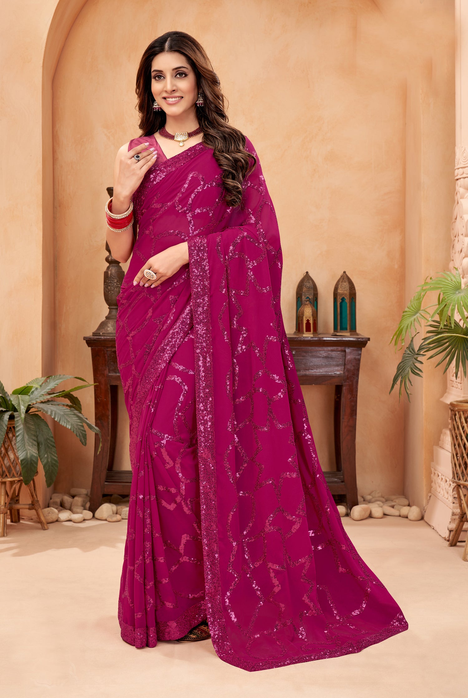 Fabulous Pink Faux Blooming Georgette Saree with Mulberry Silk Blouse