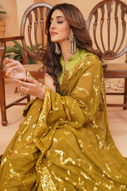 Elegant Olive Faux Blooming Georgette Saree with Mulberry Silk Blouse
