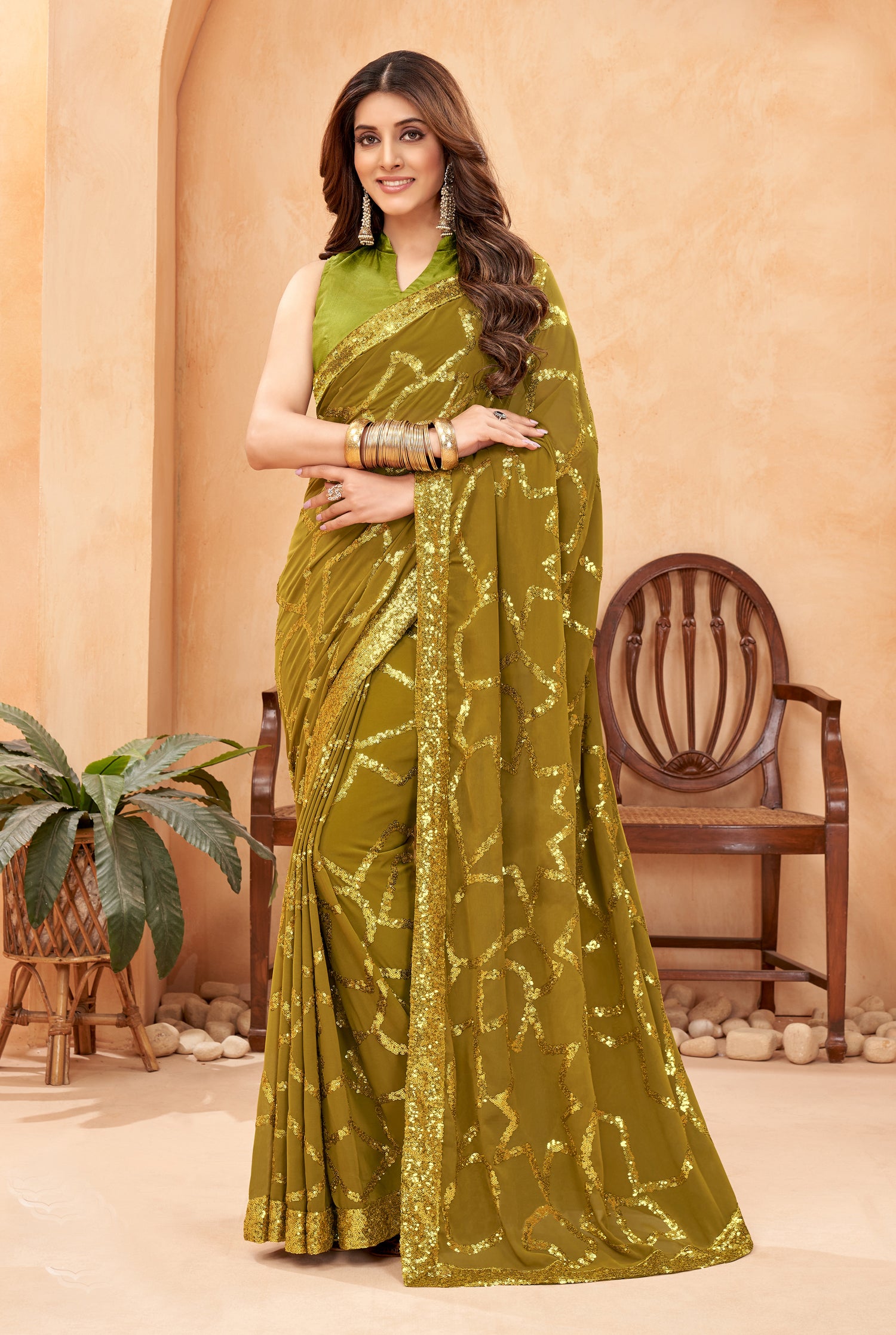 Elegant Olive Faux Blooming Georgette Saree with Mulberry Silk Blouse