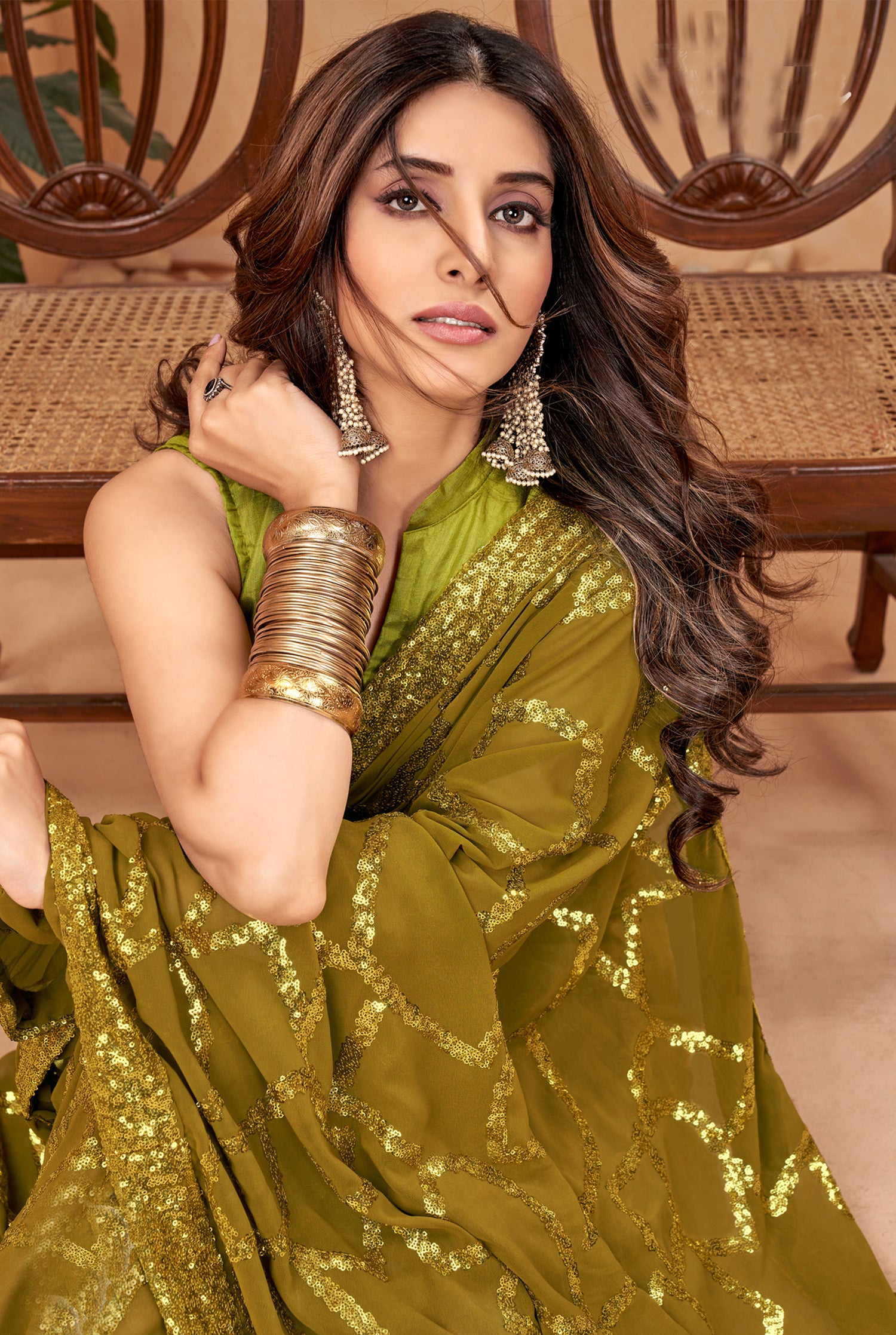 Elegant Olive Faux Blooming Georgette Saree with Mulberry Silk Blouse