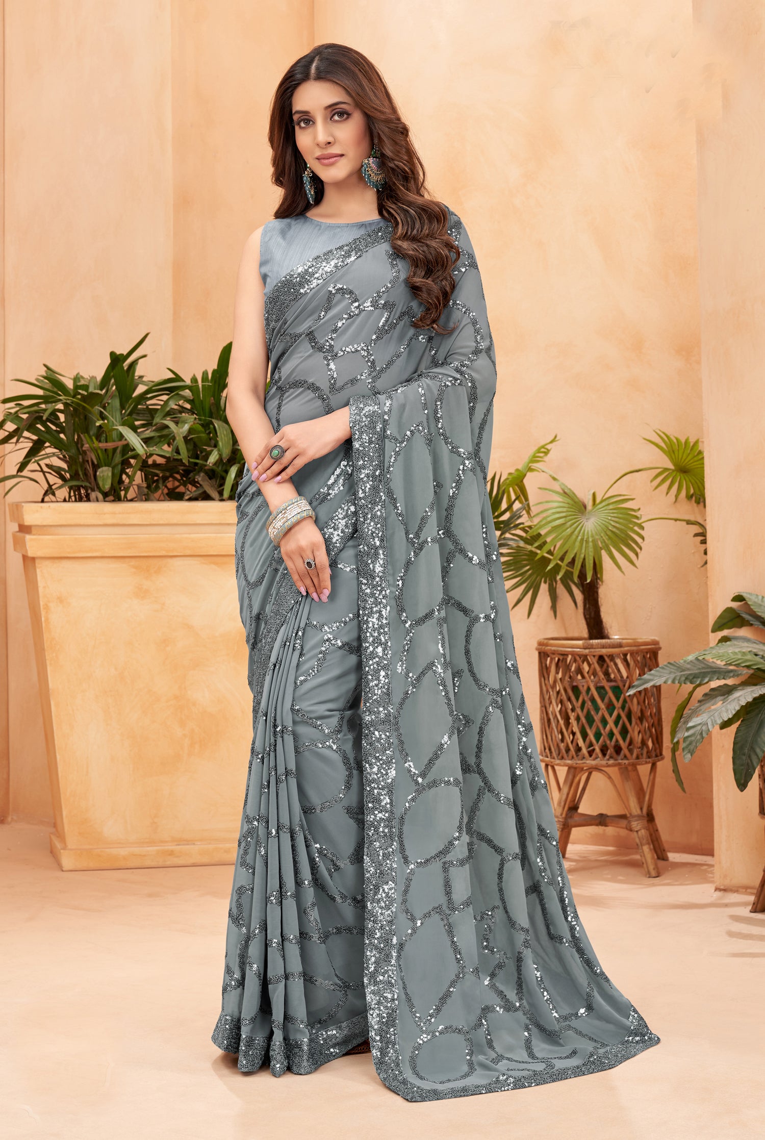 Sophisticated Gray Faux Blooming Georgette Saree with Mulberry Silk Blouse