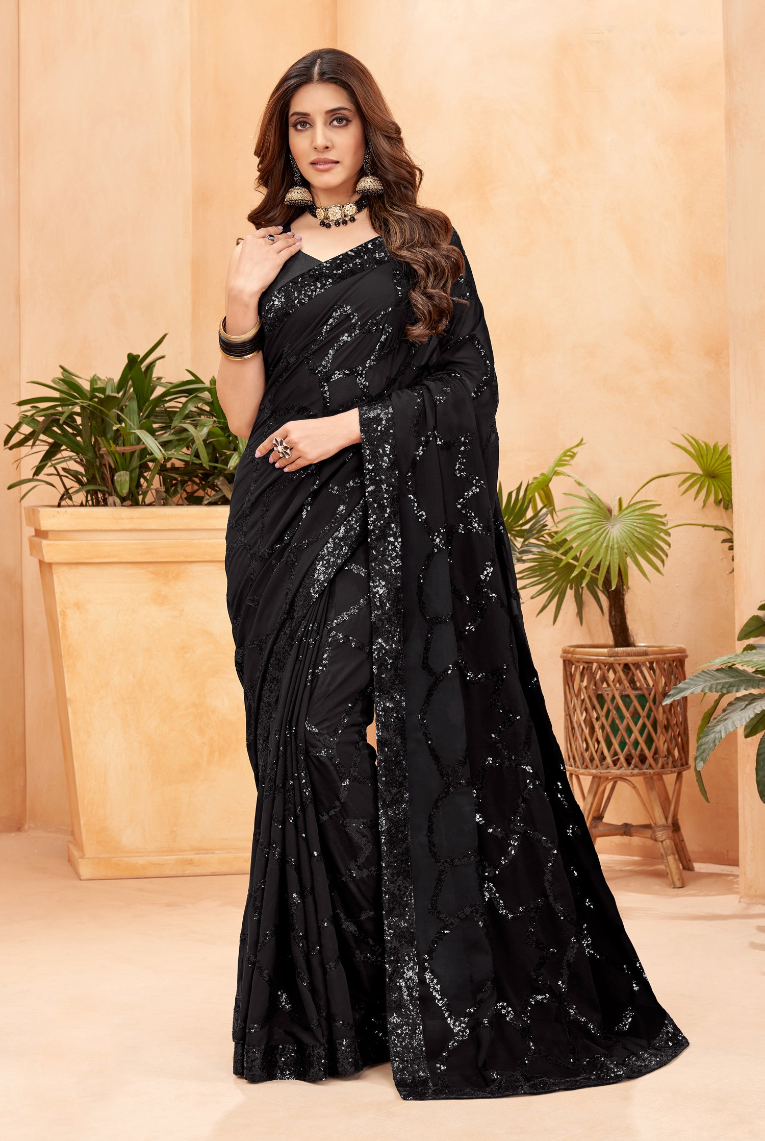 Fabulous Black Sequins Saree with Blouse
