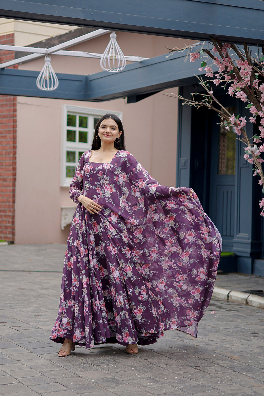 Faux Georgette Floral Print full flaired Gown with Dupatta