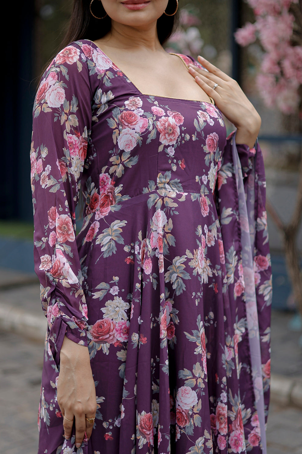 Faux Georgette Floral Print full flaired Gown with Dupatta