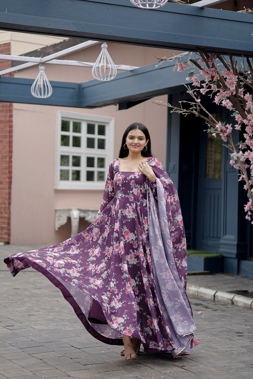 Faux Georgette Floral Print full flaired Gown with Dupatta