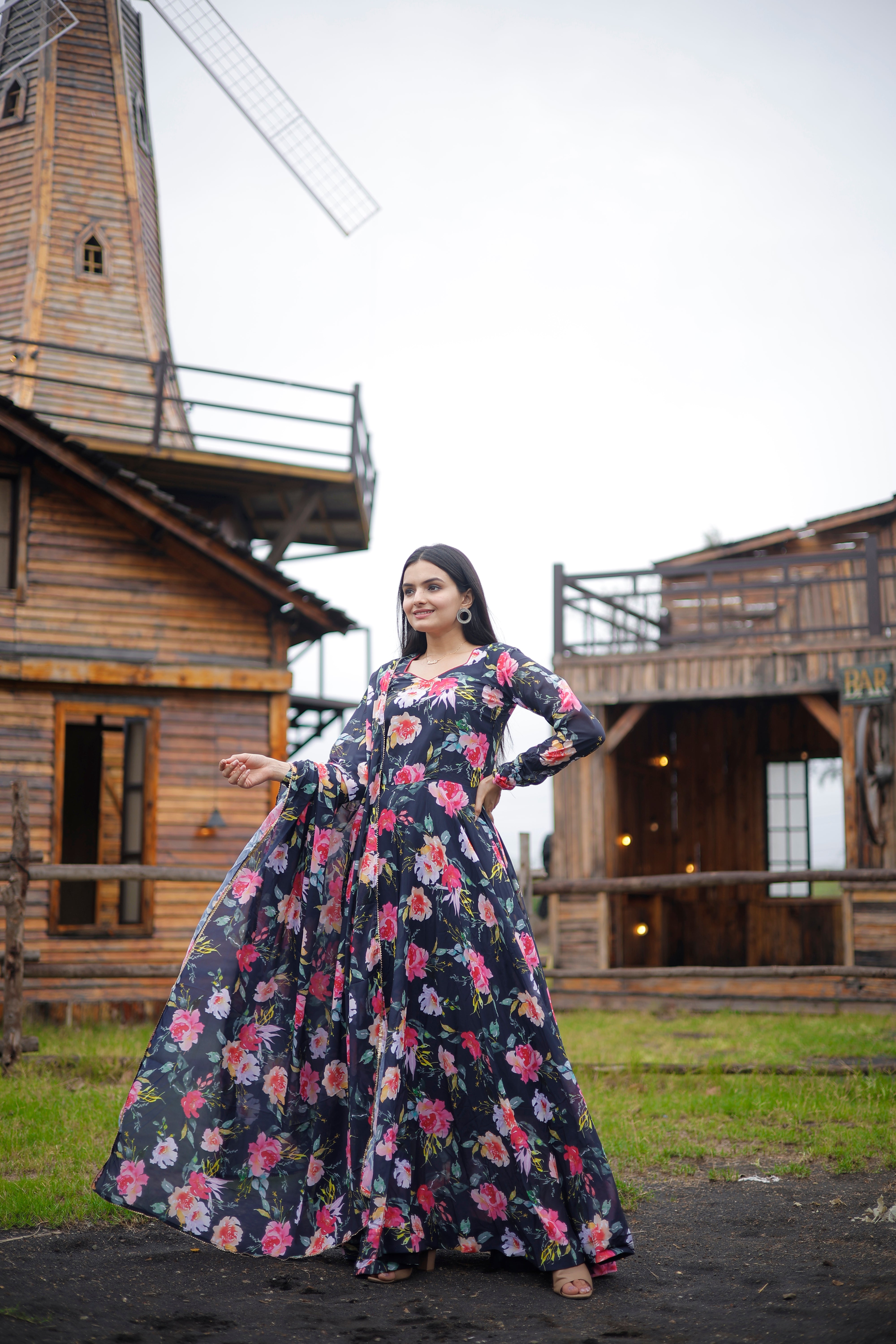 Printed Faux Georgette Gown with Dupatta