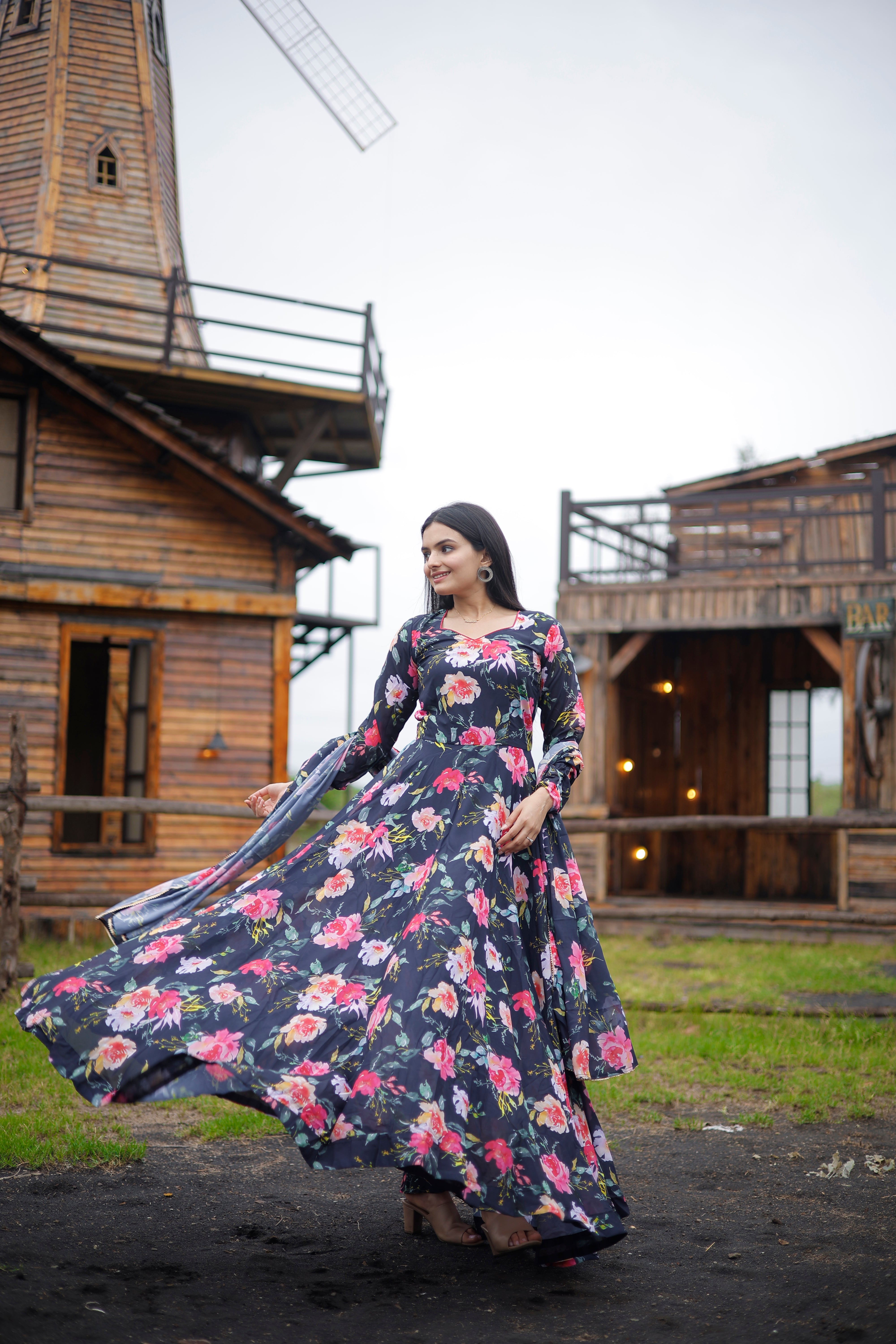 Printed Faux Georgette Gown with Dupatta