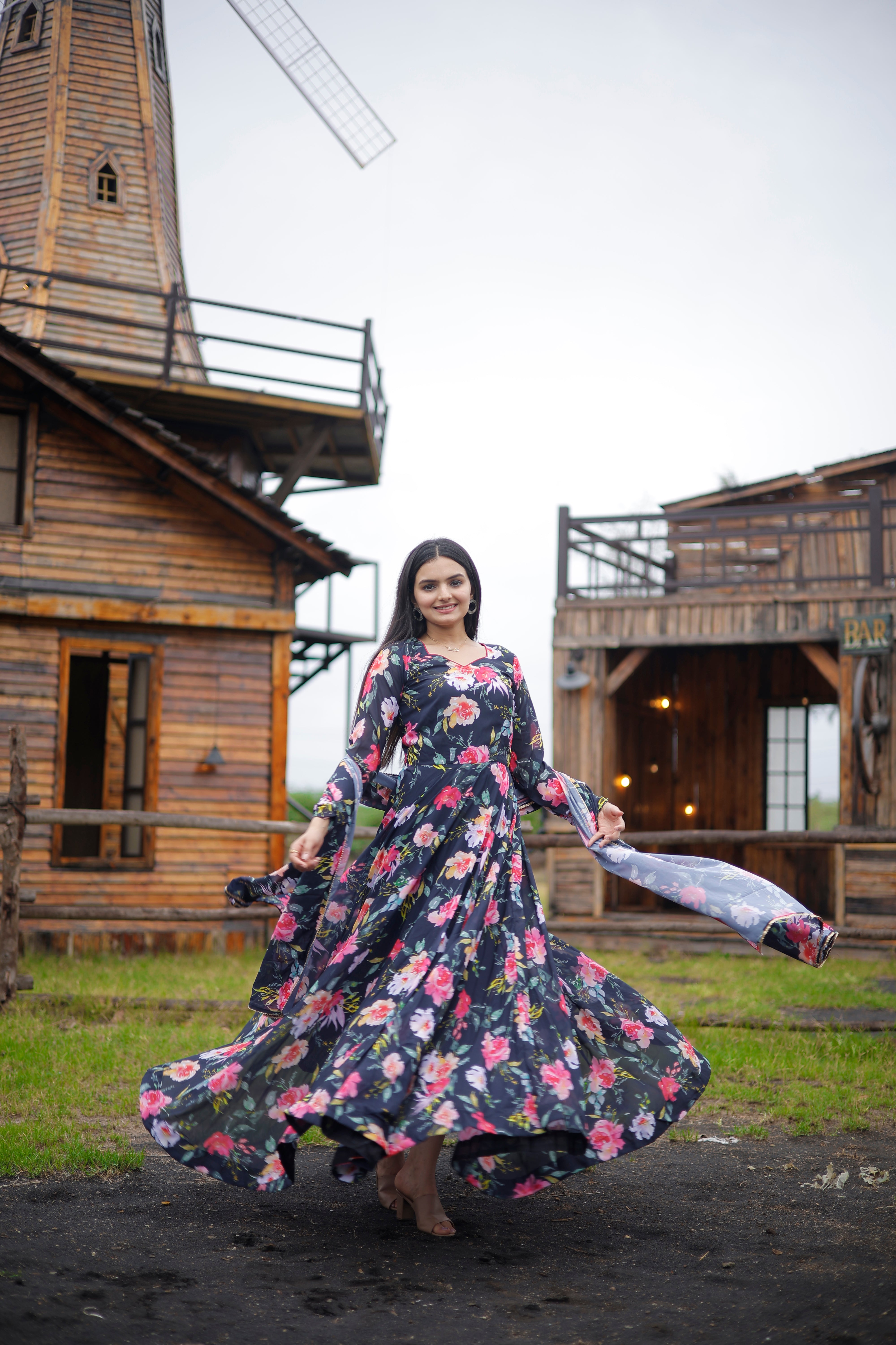 Printed Faux Georgette Gown with Dupatta