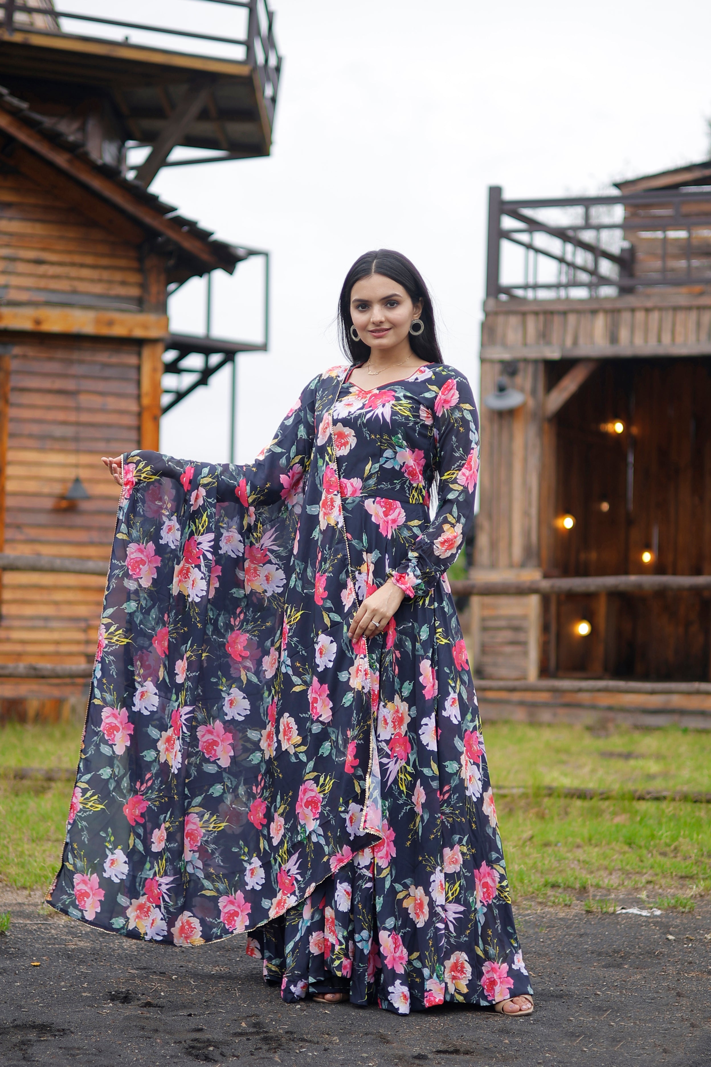 Printed Faux Georgette Gown with Dupatta