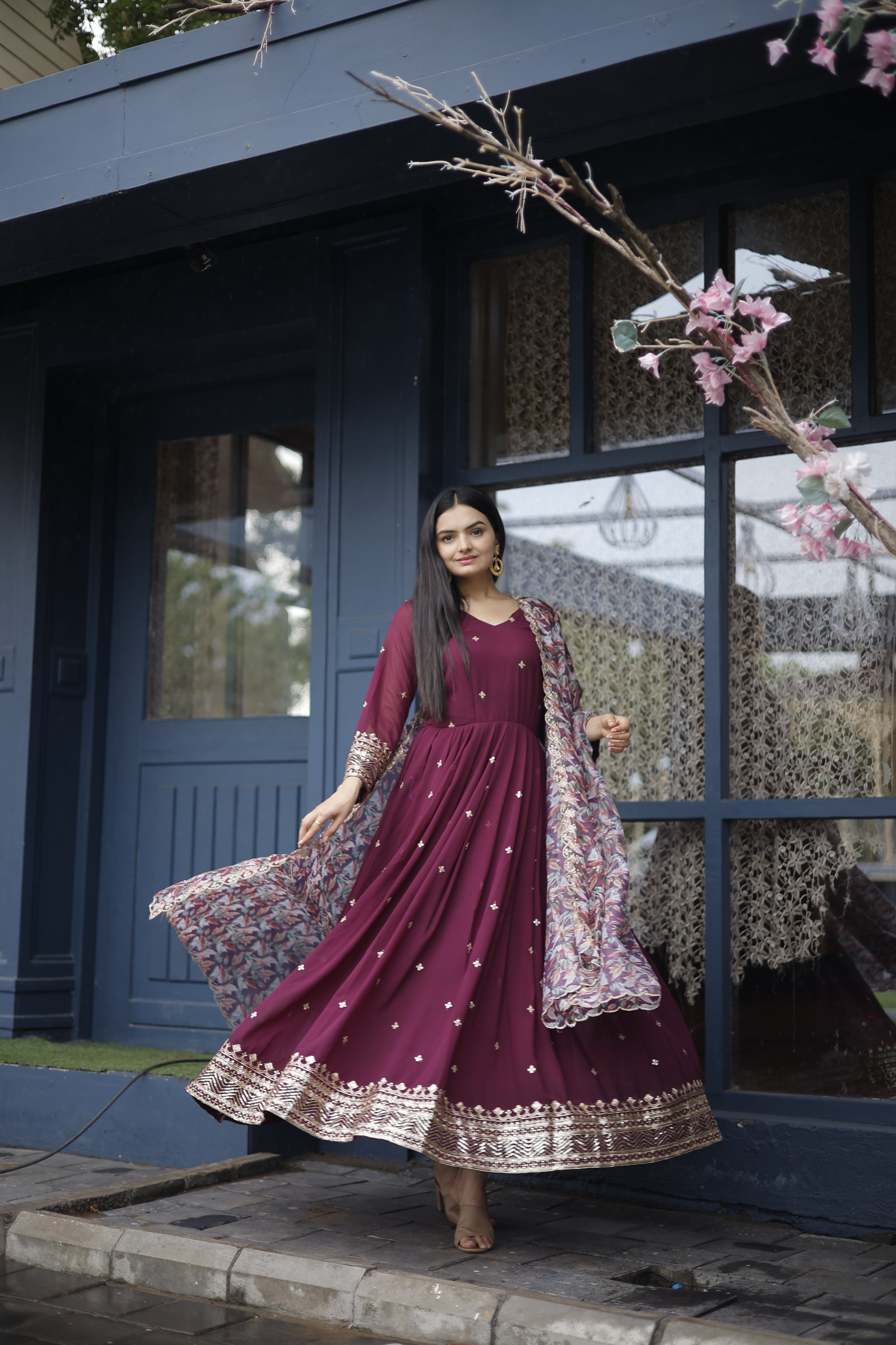Faux Georgette Embroidered Gown with Dupatta