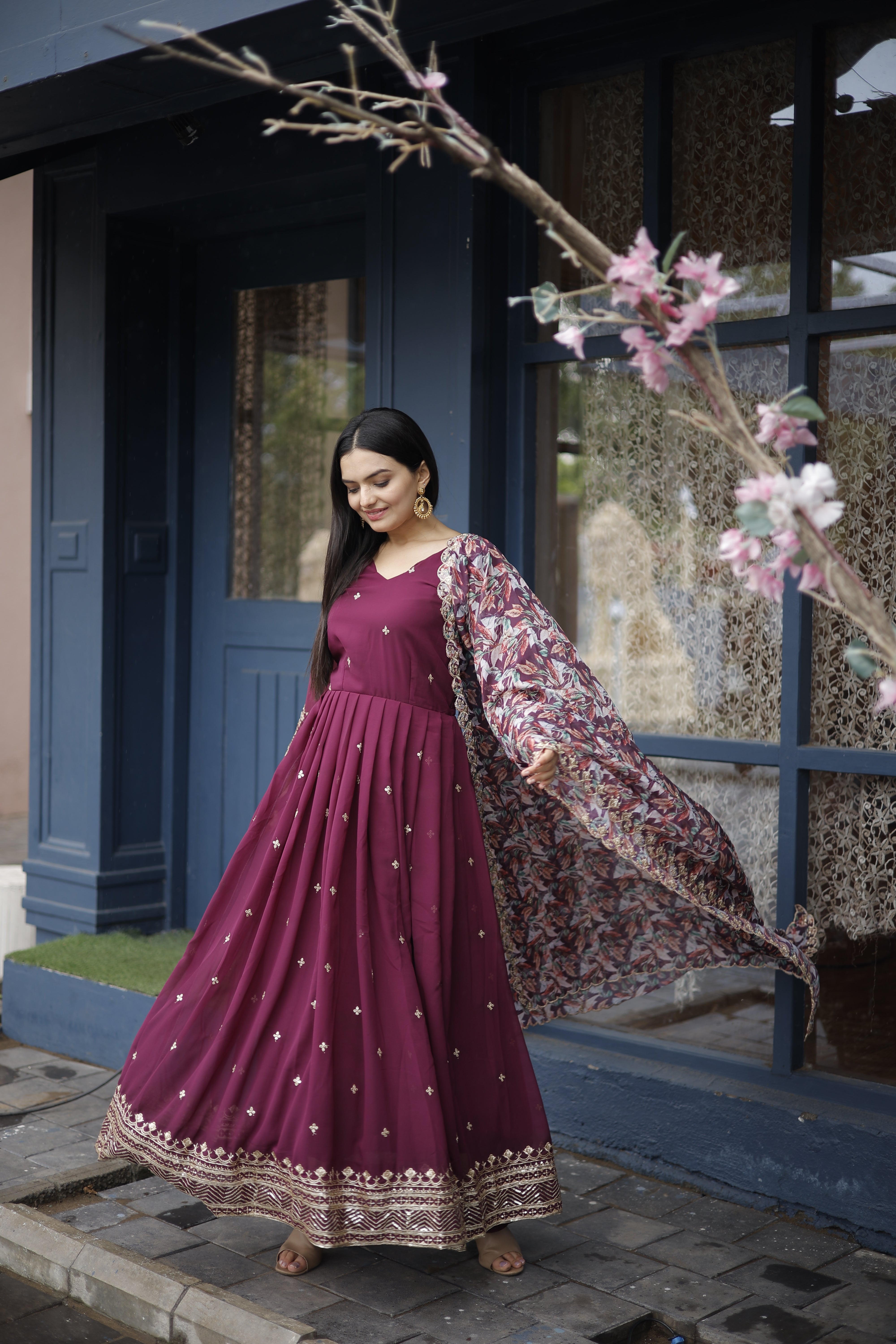Faux Georgette Embroidered Gown with Dupatta