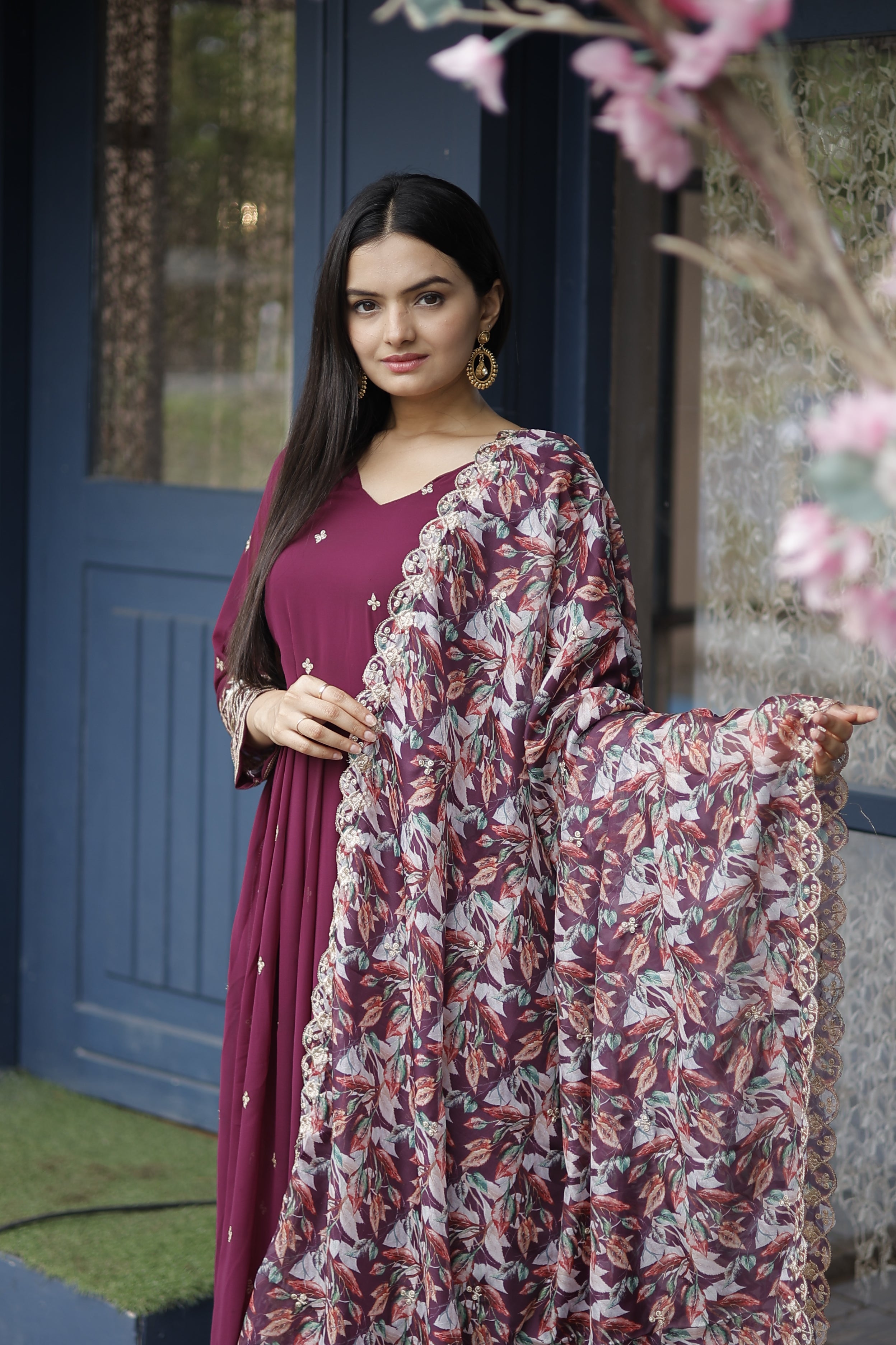 Faux Georgette Embroidered Gown with Dupatta