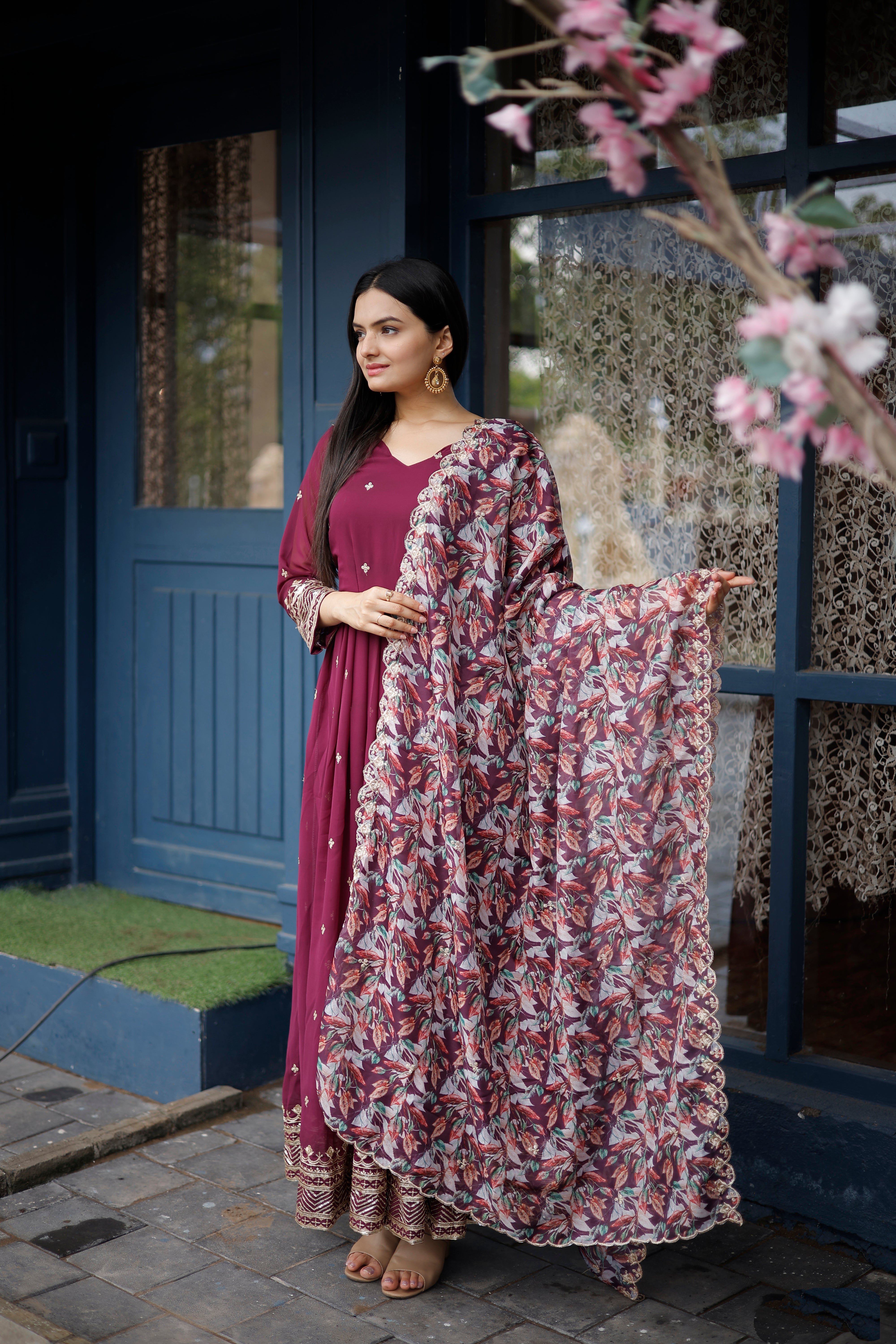 Faux Georgette Embroidered Gown with Dupatta