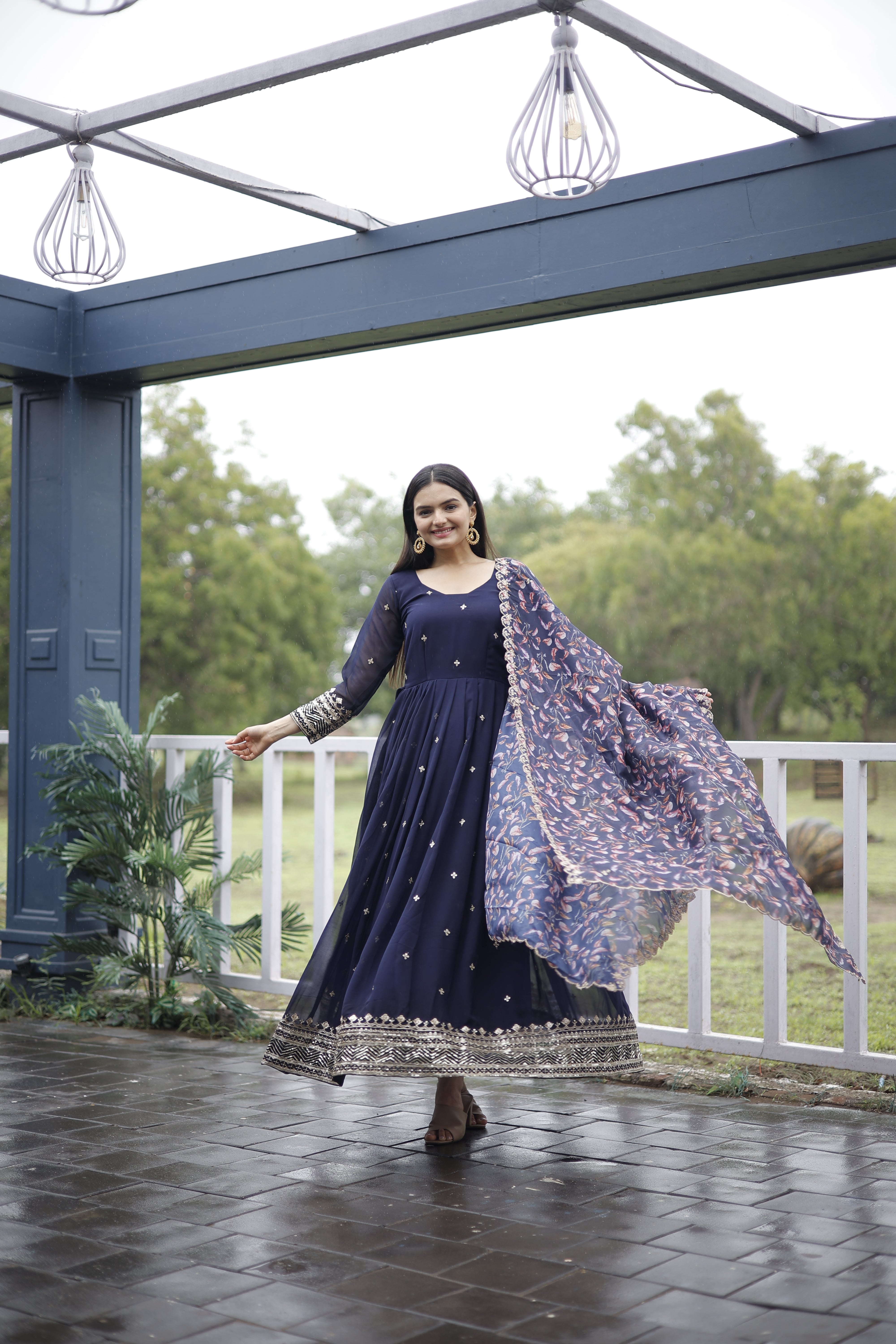 Faux Georgette Embroidered Gown with Tabby Silk Dupatta