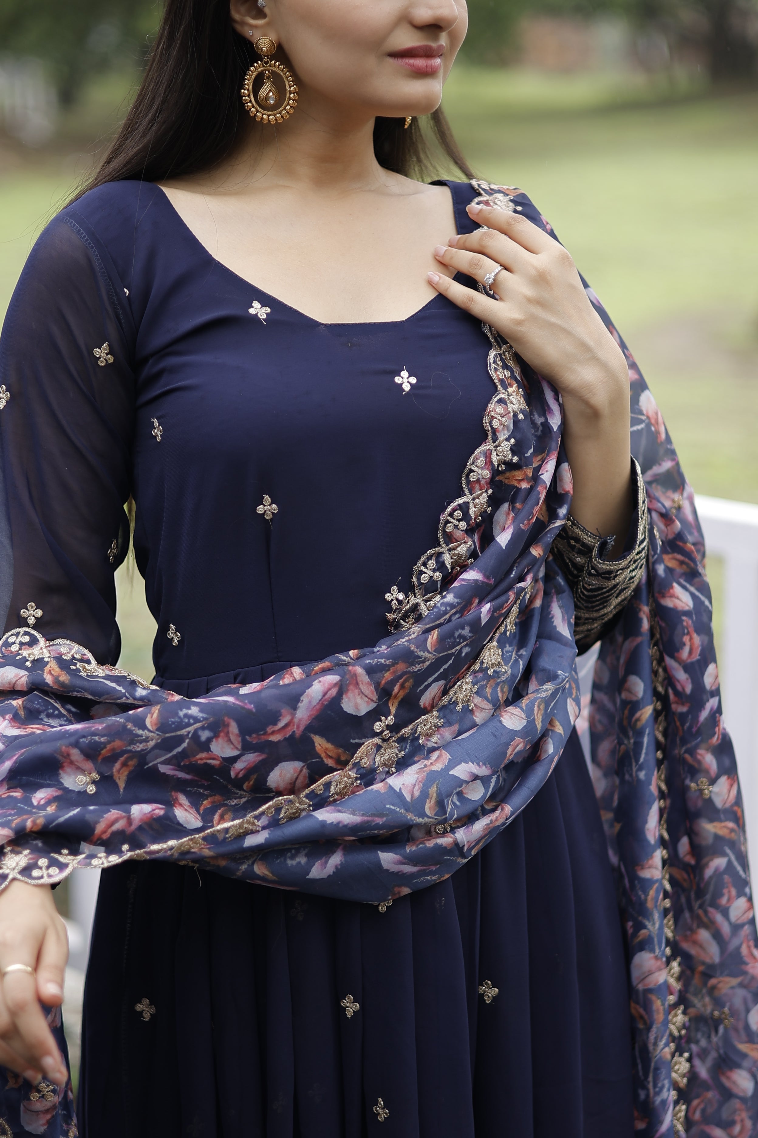 Faux Georgette Embroidered Gown with Tabby Silk Dupatta