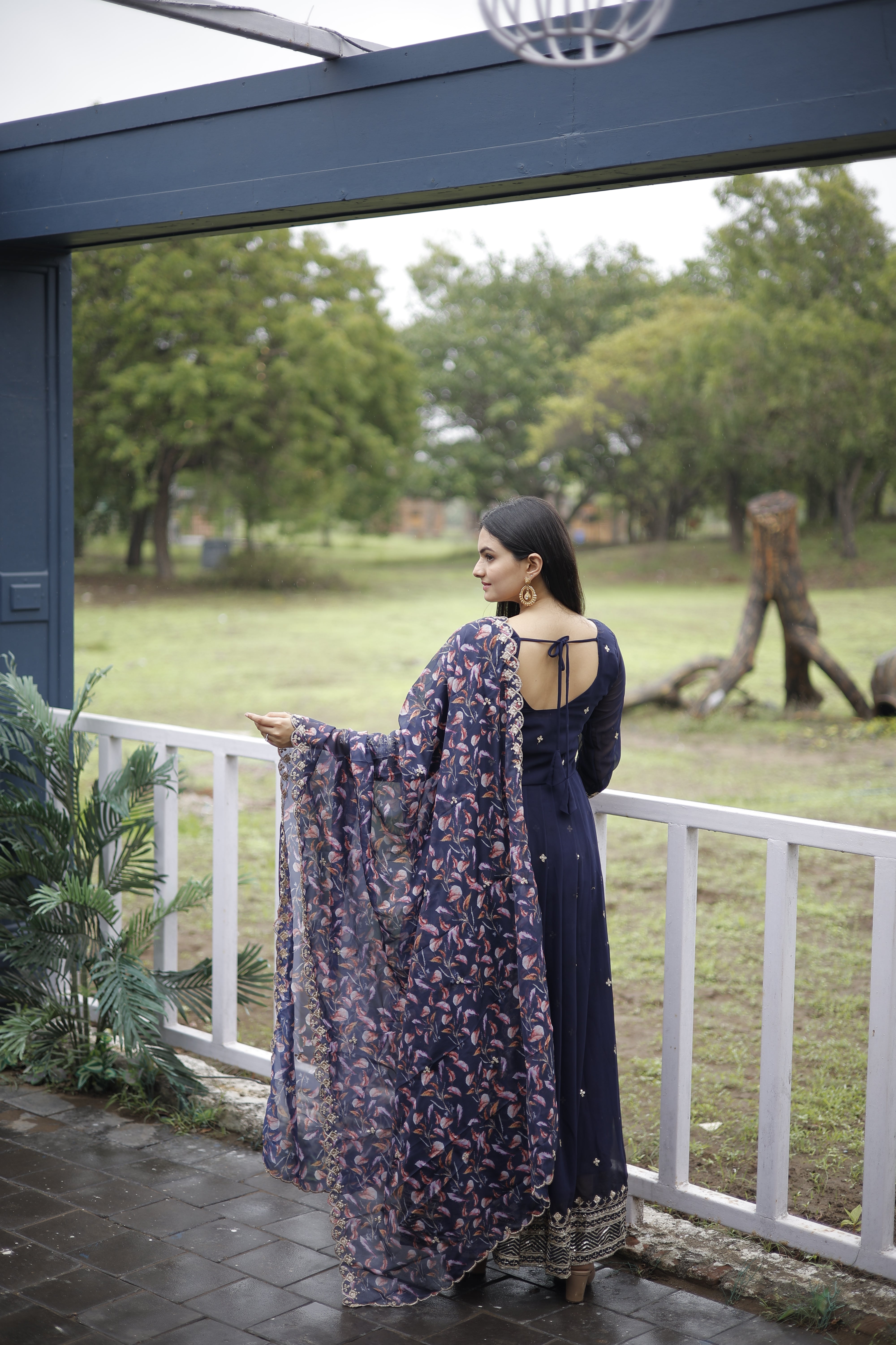 Faux Georgette Embroidered Gown with Tabby Silk Dupatta