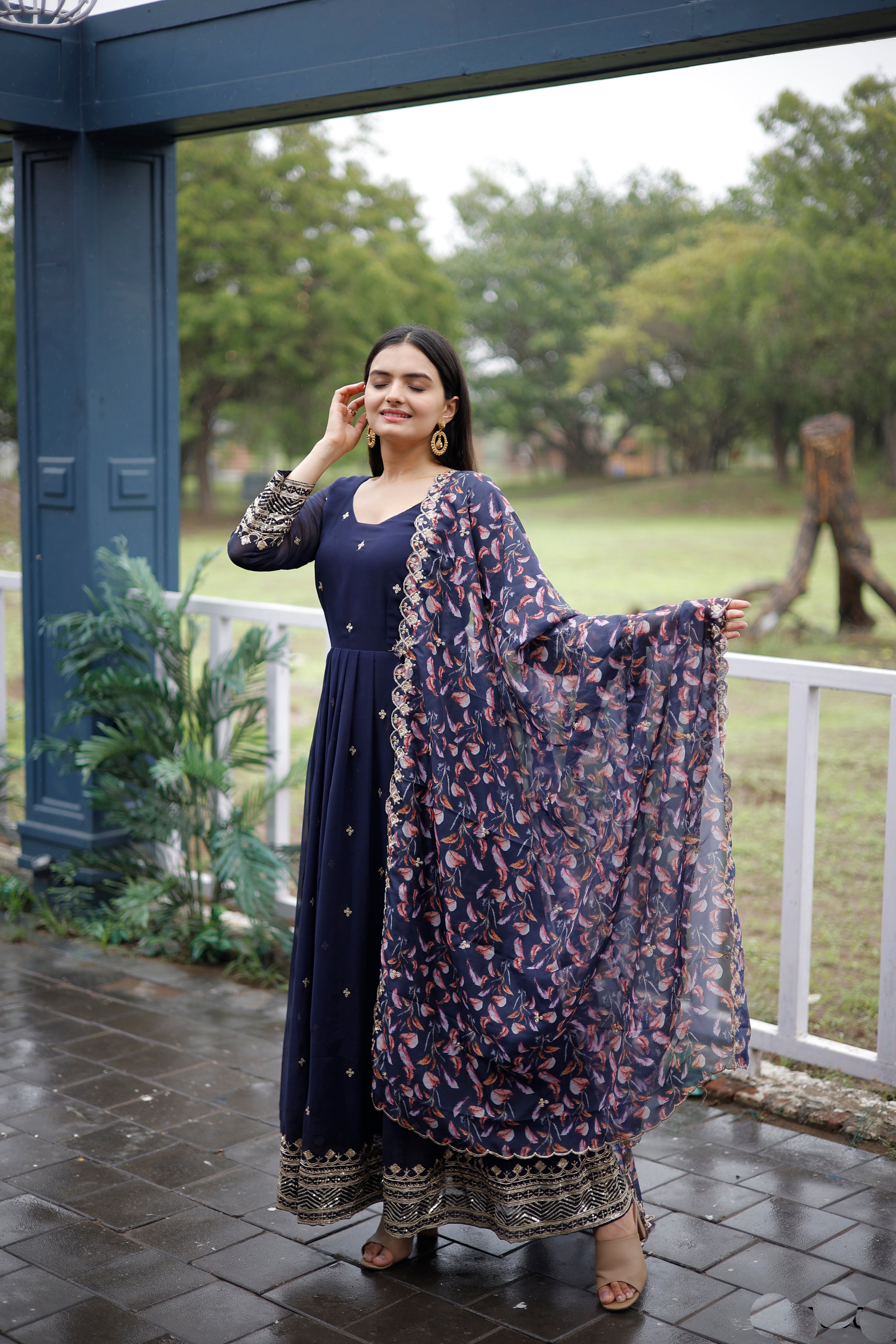 Faux Georgette Embroidered Gown with Tabby Silk Dupatta