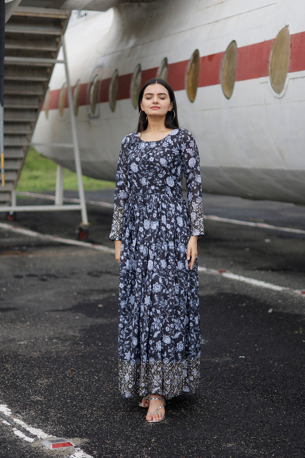 Floral Printed Embroidered Georgette Gown