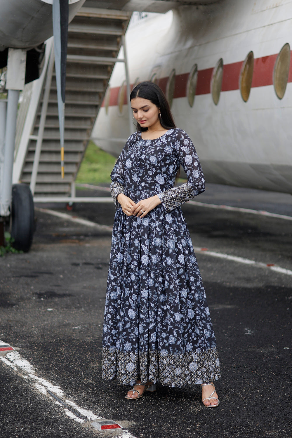 Floral Printed Embroidered Georgette Gown