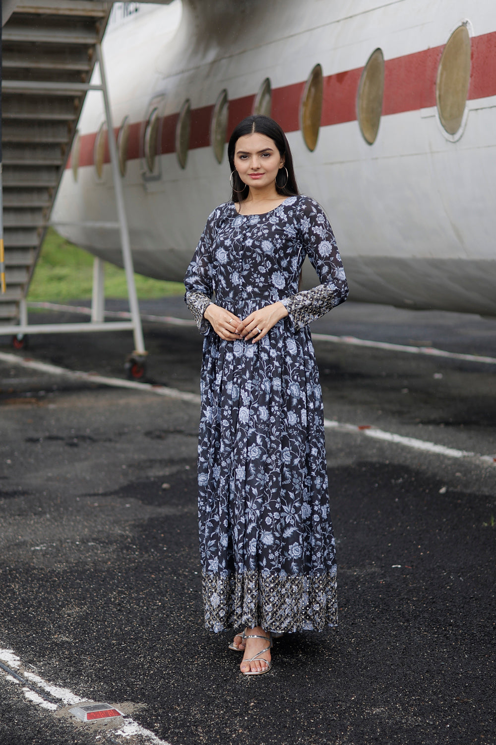 Floral Printed Embroidered Georgette Gown