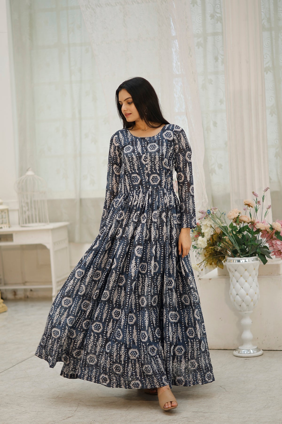 Embroidered Faux Georgette Gown with Print
