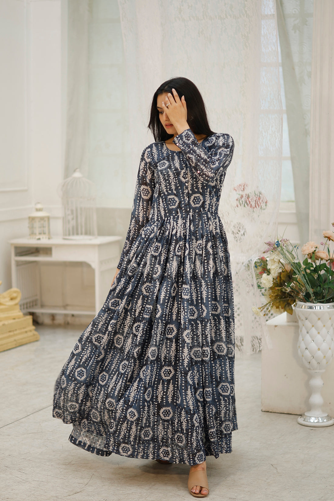 Embroidered Faux Georgette Gown with Print